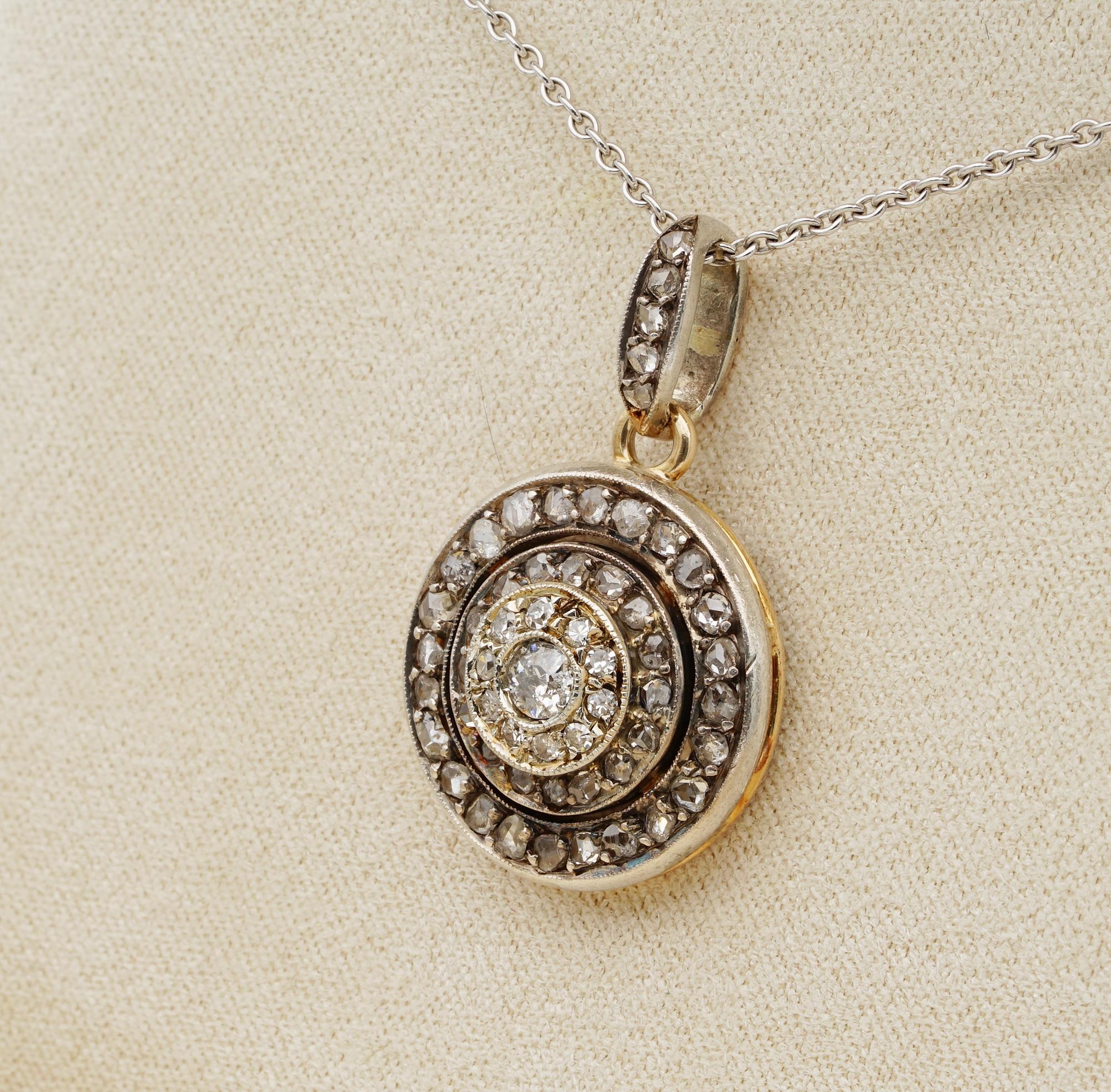 Rose Cut Victorian Rare and Unique 1.22 Carat Diamond Target Pendant Plus Chain For Sale