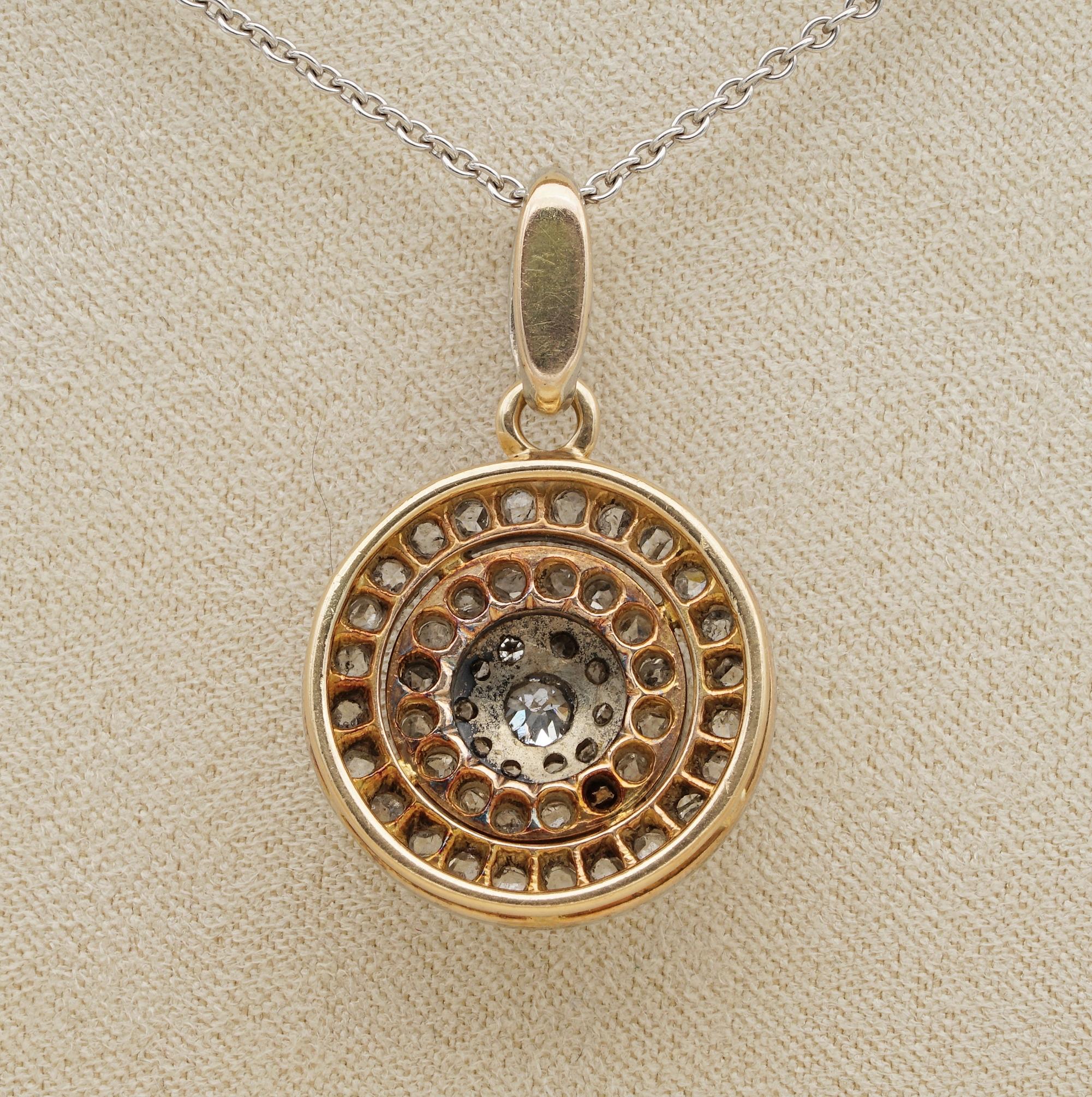 Women's or Men's Victorian Rare and Unique 1.22 Carat Diamond Target Pendant Plus Chain For Sale