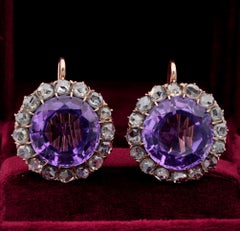 Victorian Rare Large Sized Amethyst 3.20 Carat Rose Cut Diamond Earrings