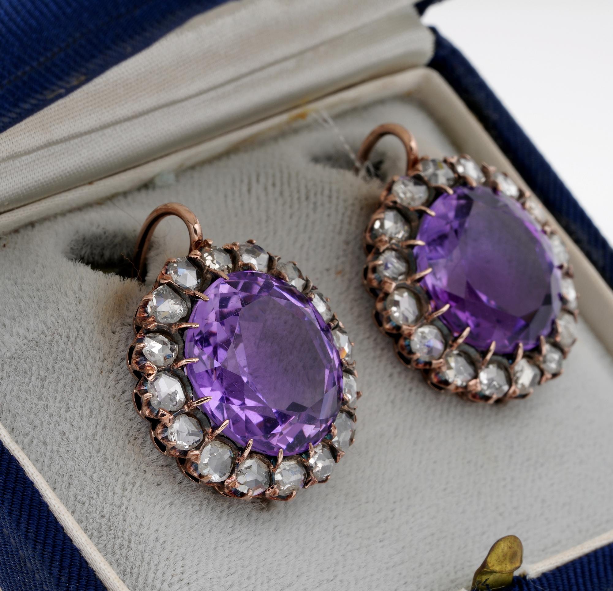 Victorian Rare Large Sized Amethyst 3.20 Carat Rose Cut Diamond Earrings In Good Condition For Sale In Napoli, IT