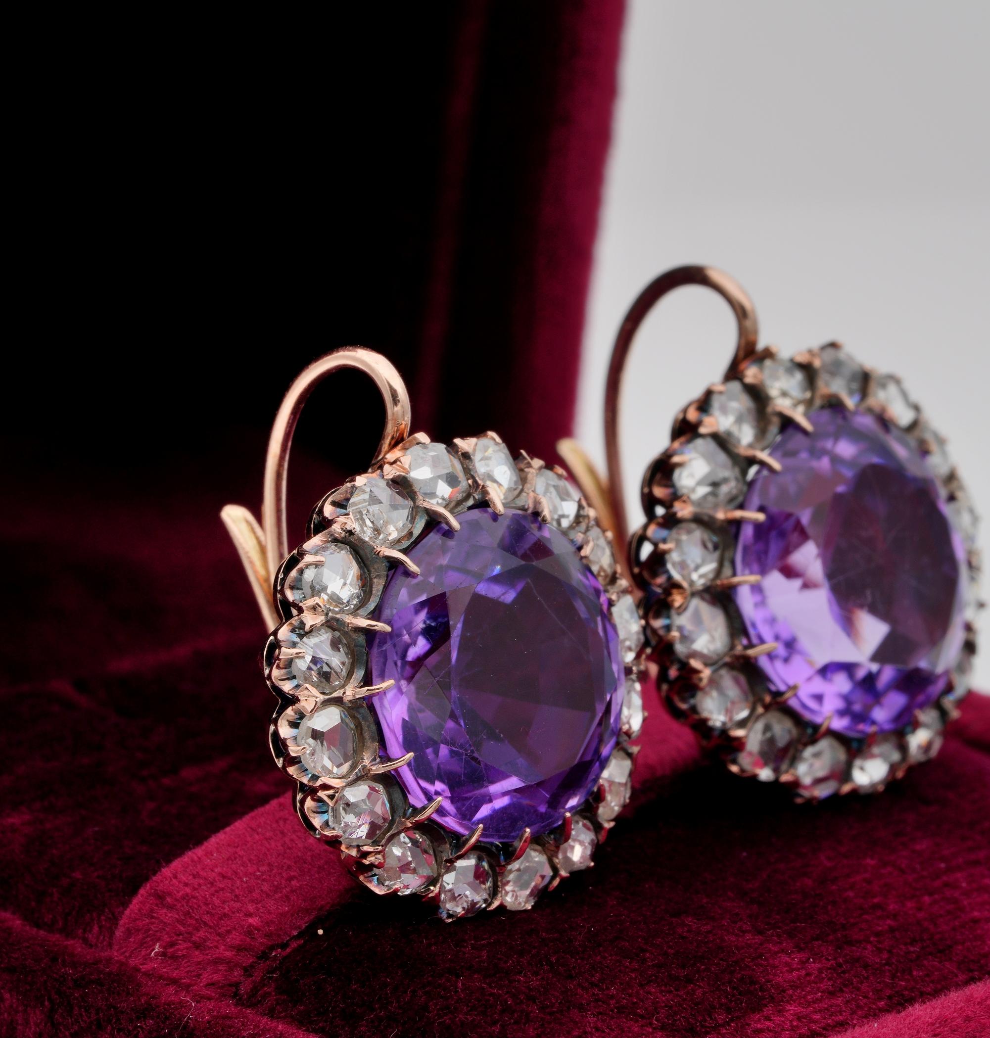 Women's Victorian Rare Large Sized Amethyst 3.20 Carat Rose Cut Diamond Earrings For Sale