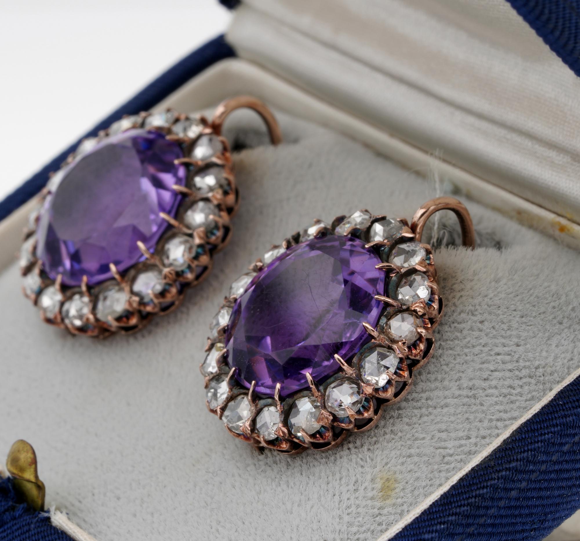Victorian Rare Large Sized Amethyst 3.20 Carat Rose Cut Diamond Earrings For Sale 1