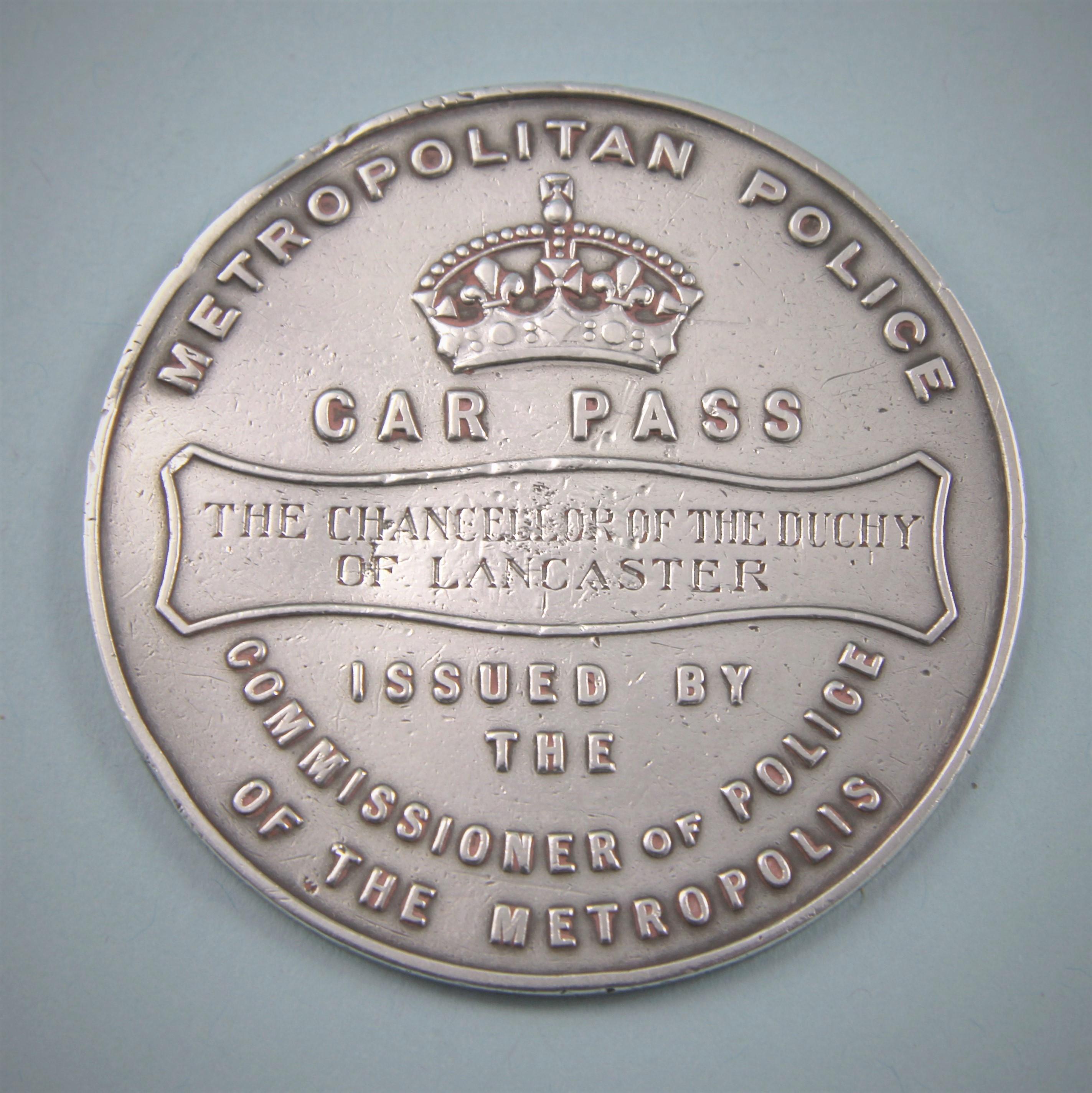 Very fine and rare Victorian silver metropolitan police pass. 

In the mid-19th century, this item was originally called a ‘carriage pass’ and was initially made in silver, it ensured that the carriage of Queen Victoria’s mistress of the robes