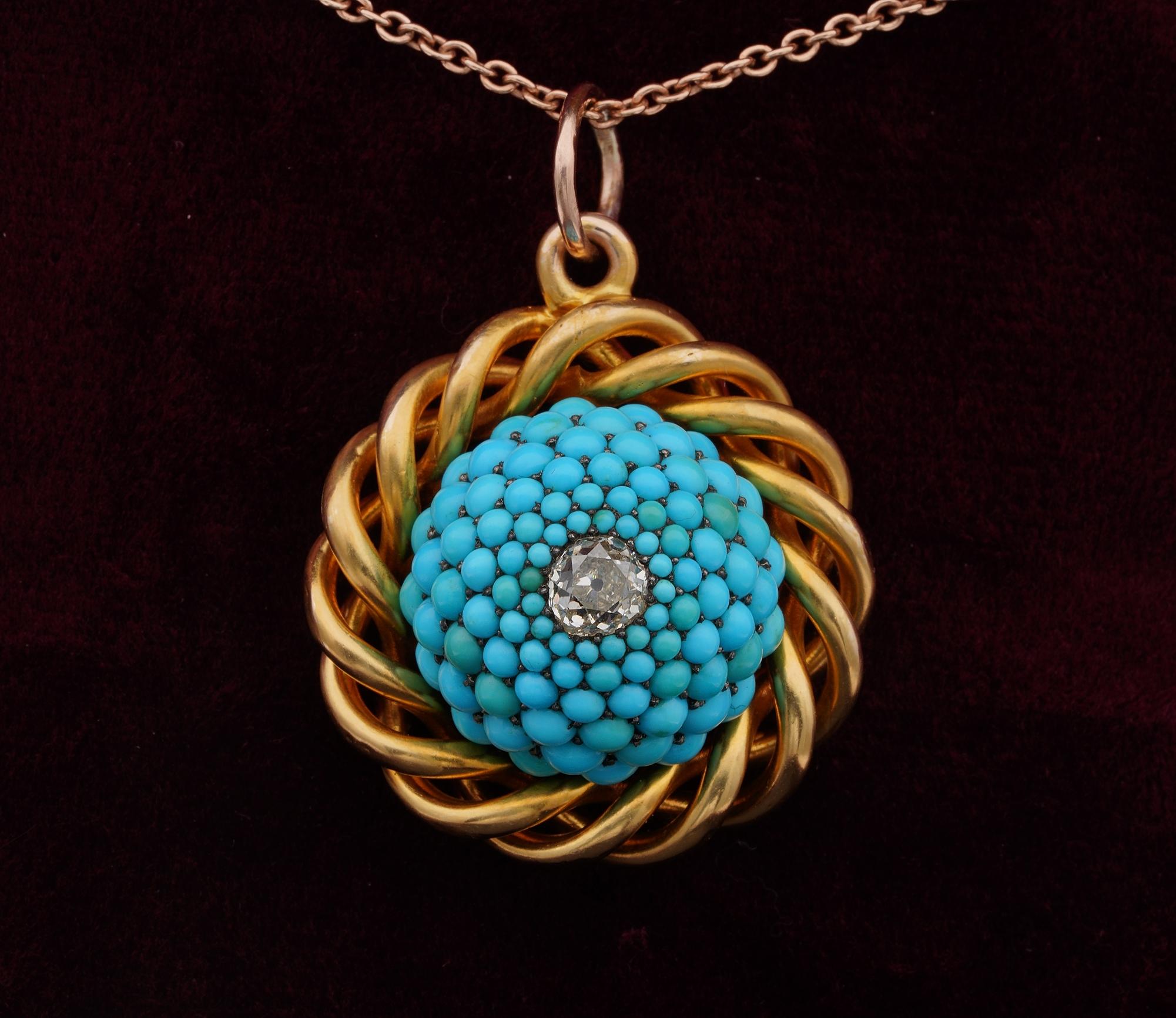 Love Keeper
This beautiful Victorian locket pendant has been hand crafted of solid 18 KT solid gold during 1880 ca
Beautiful designed, boasts a thick gold twisted frame surrounding the main domed part made of wonderful pave’ set natural turquoise
