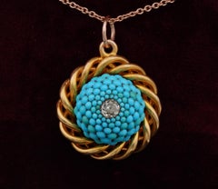 Victorian Rare Turquoise .40 Ct Old Mine Diamond 18 KT Locket Pendant