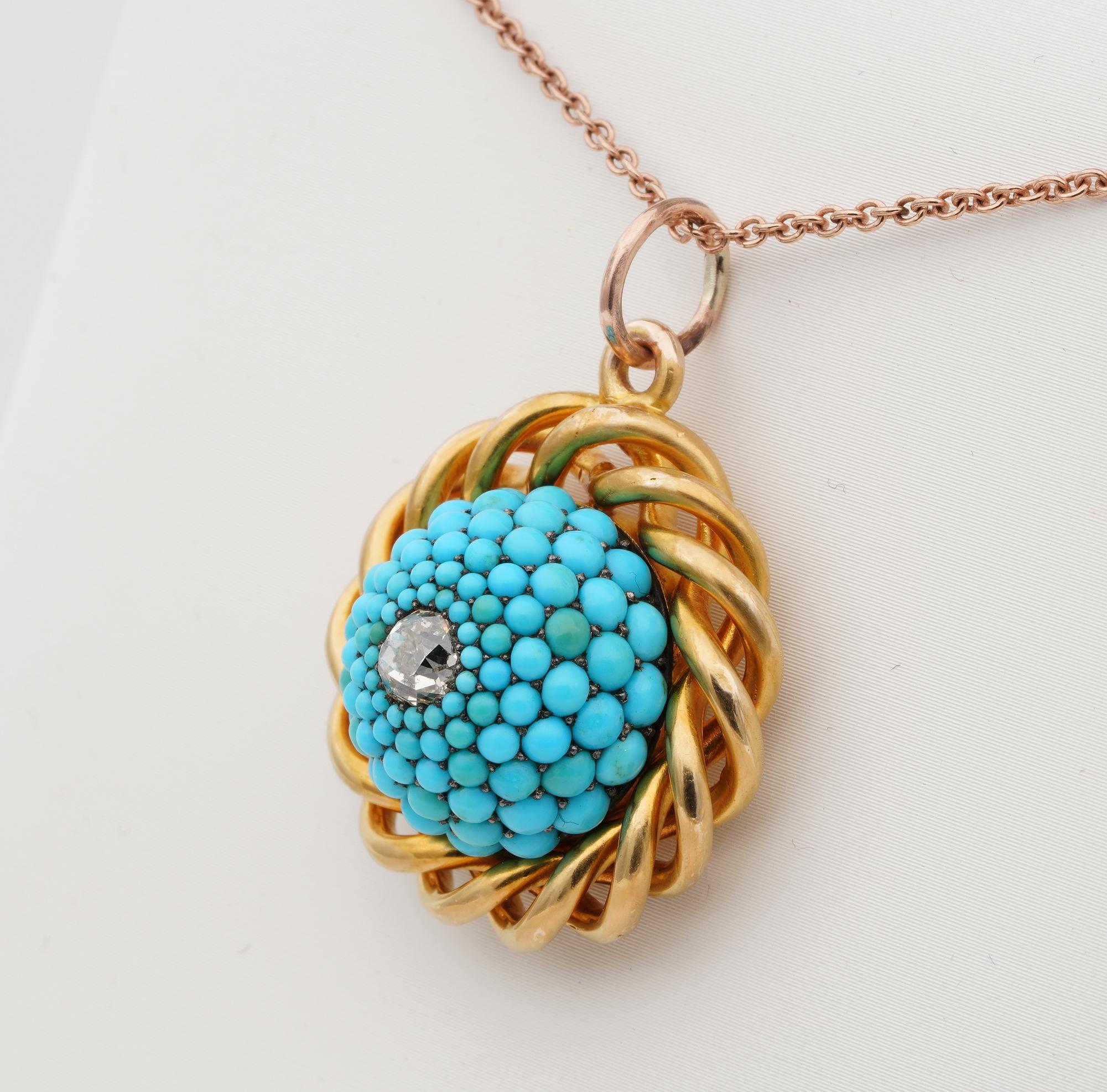 Women's Victorian Rare Turquoise .40 Carat Old Mine Diamond 18 Karat Locket Pendant For Sale