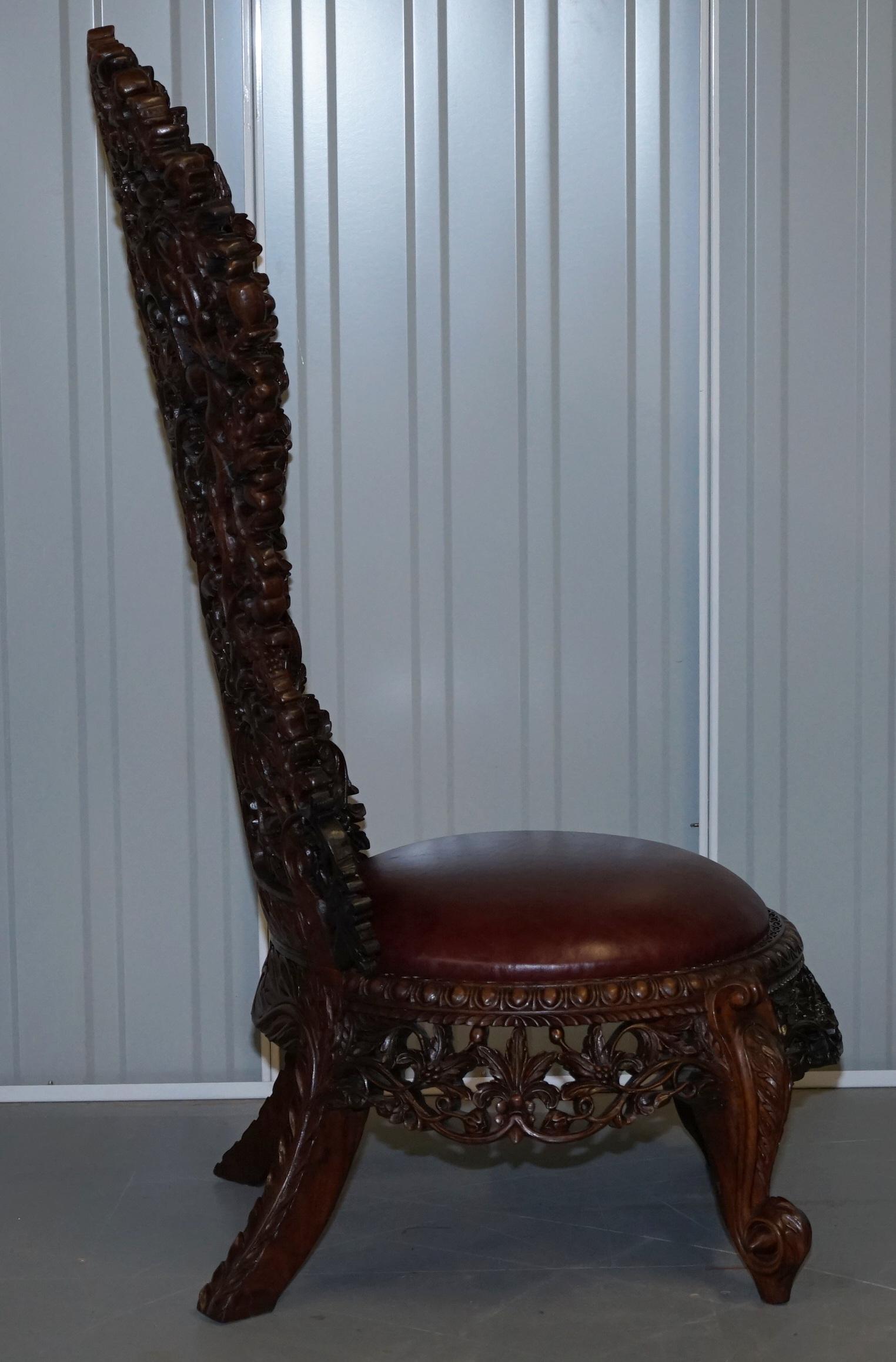 Victorian Rare Wood Hand Carved Anglo Indian Burmese Chairs Oxblood Leather Pair 2