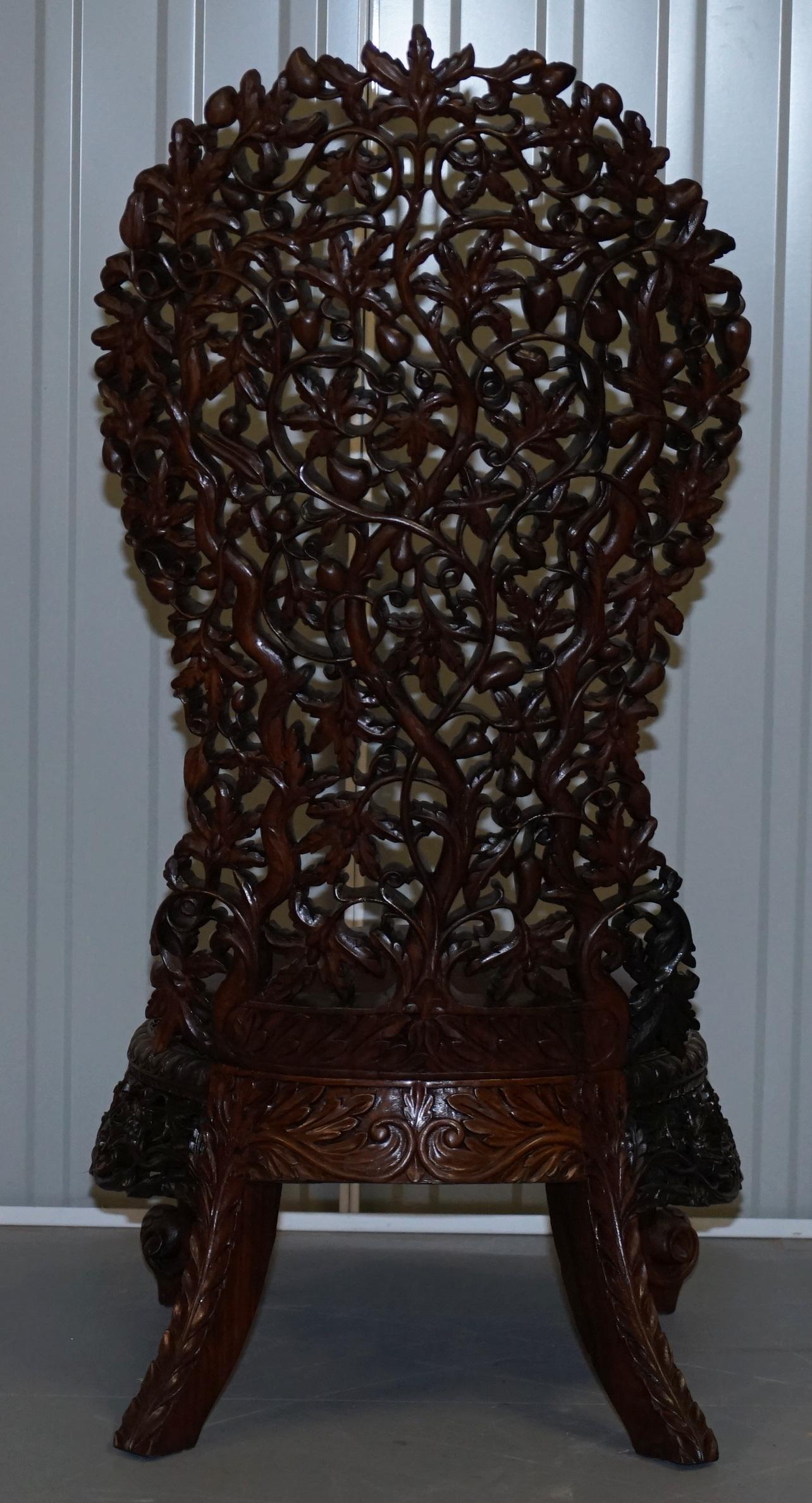 Victorian Rare Wood Hand Carved Anglo Indian Burmese Chairs Oxblood Leather Pair 2