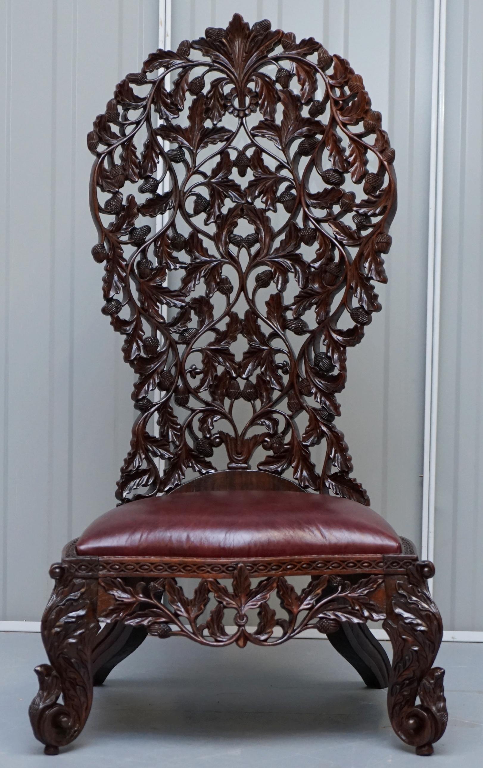 Victorian Rare Wood Hand Carved Anglo Indian Burmese Chairs Oxblood Leather Pair 5