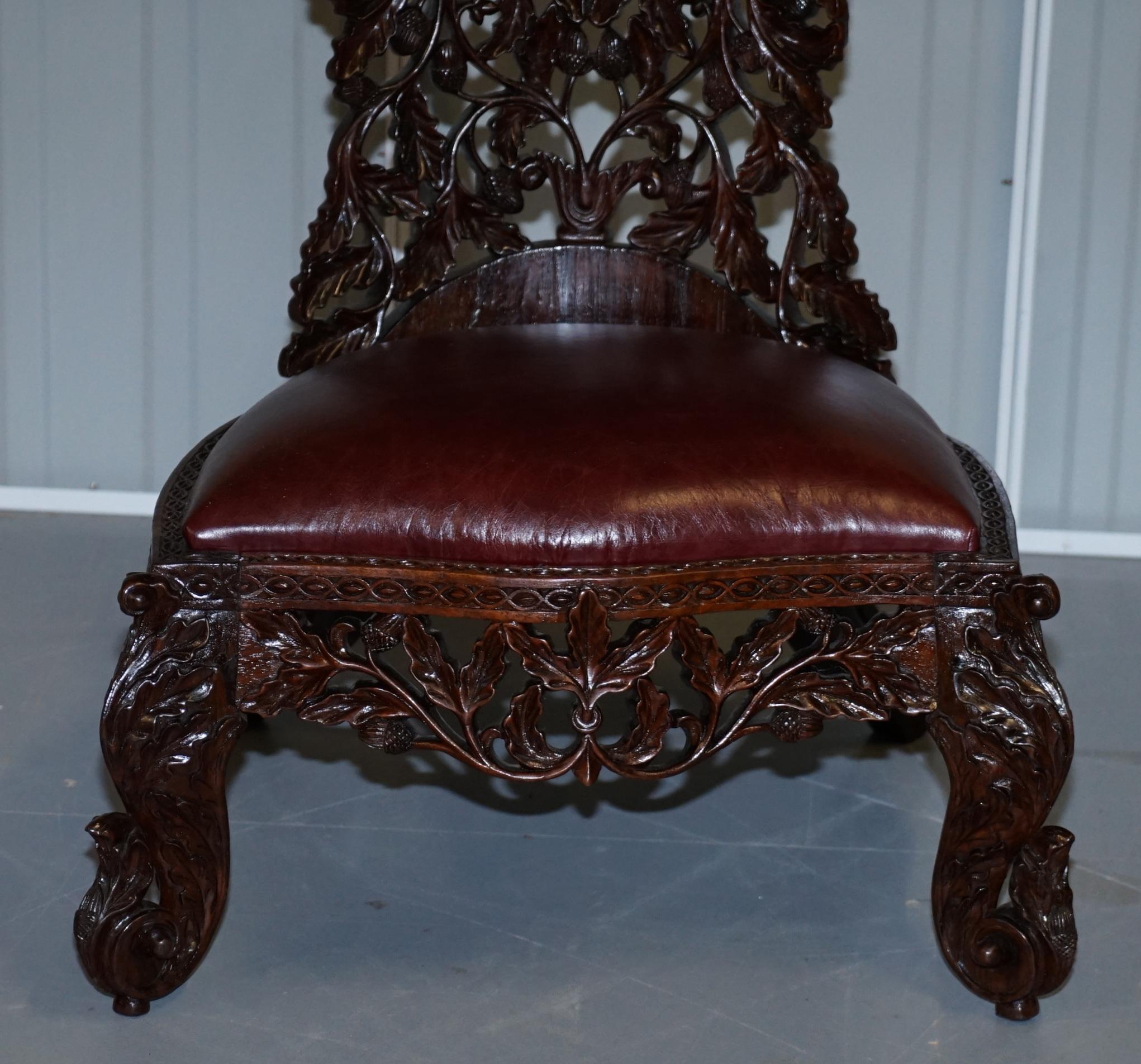 Victorian Rare Wood Hand Carved Anglo Indian Burmese Chairs Oxblood Leather Pair 6
