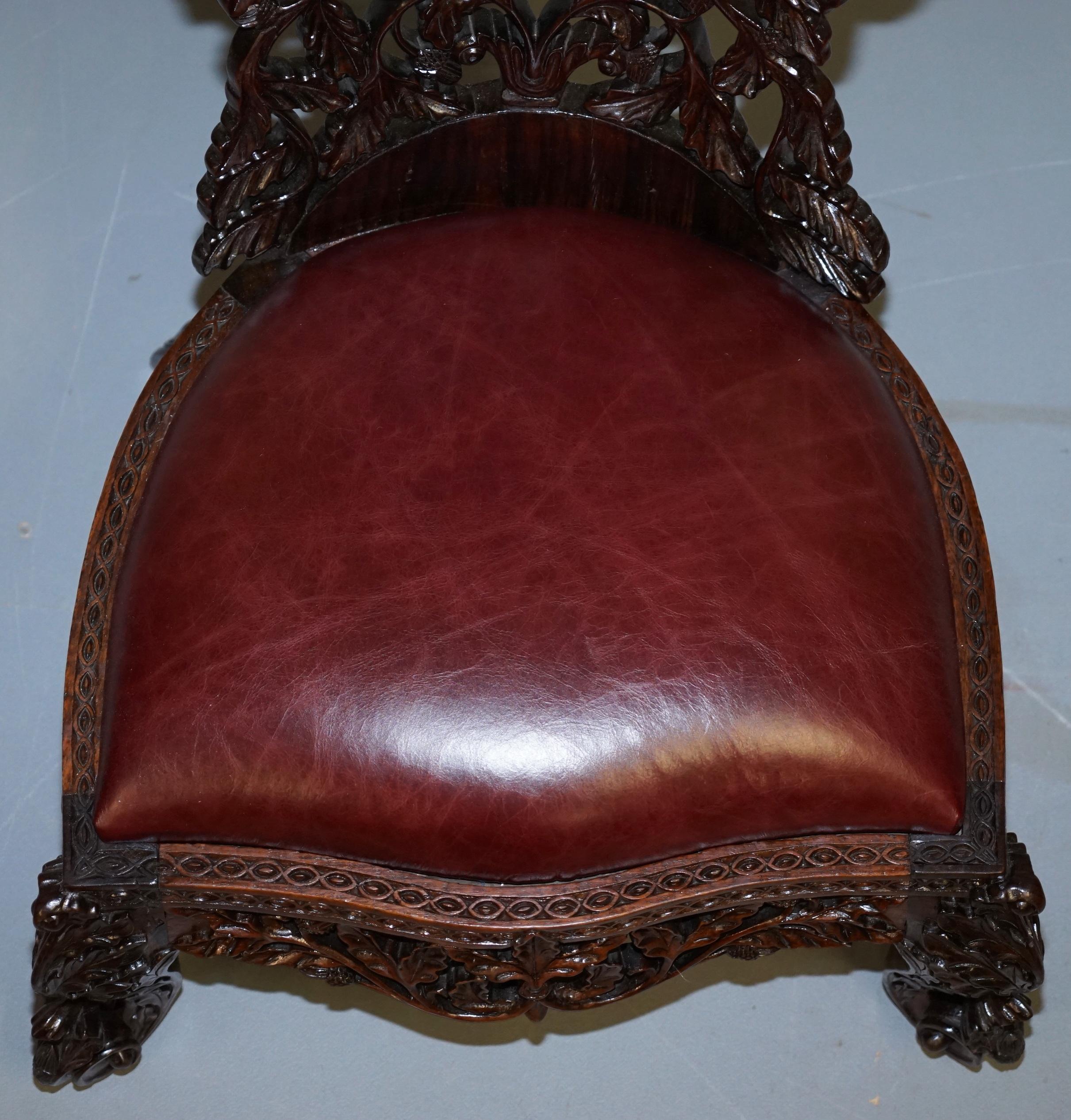 Victorian Rare Wood Hand Carved Anglo Indian Burmese Chairs Oxblood Leather Pair 9