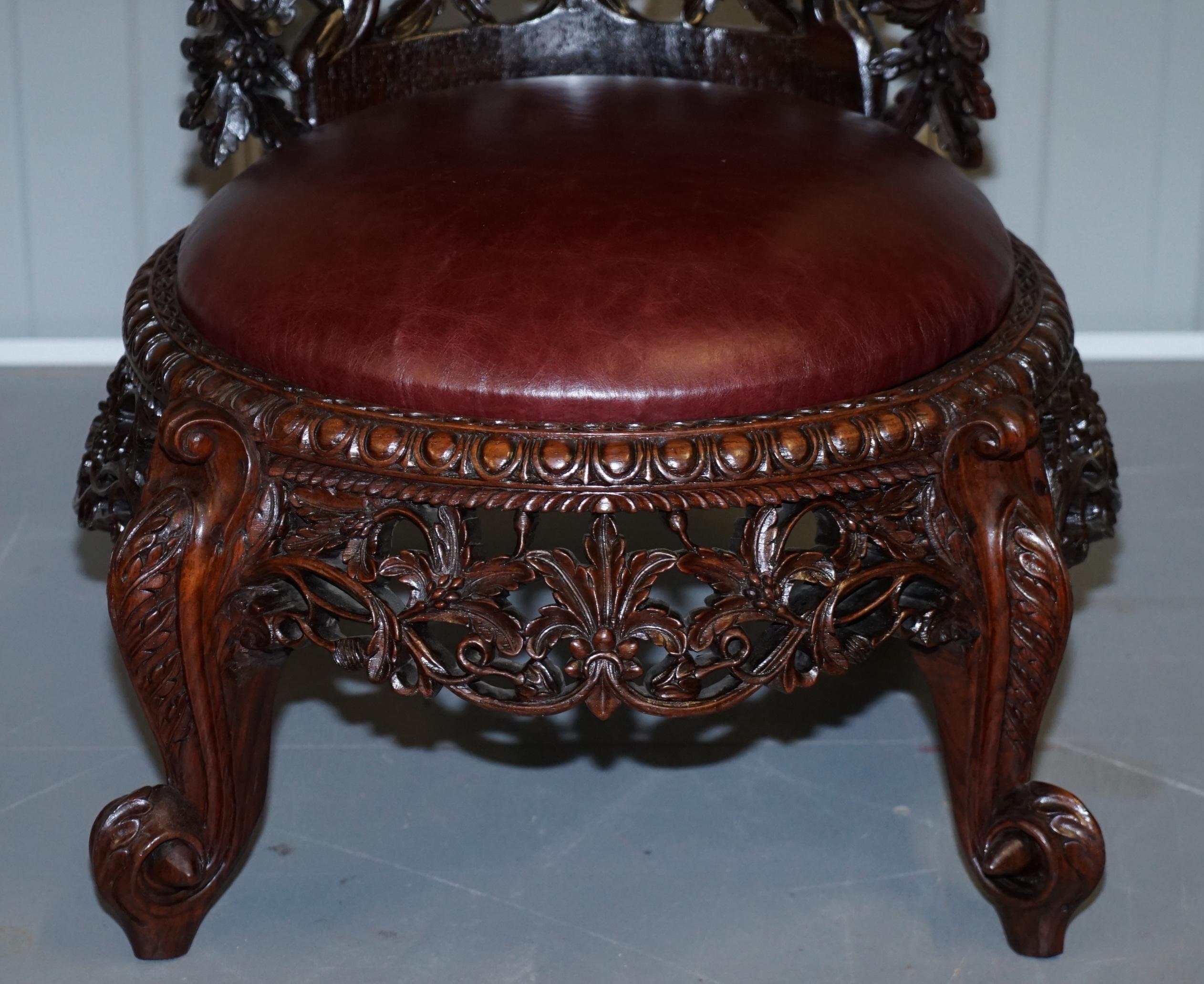 19th Century Victorian Rare Wood Hand Carved Anglo Indian Burmese Chairs Oxblood Leather Pair