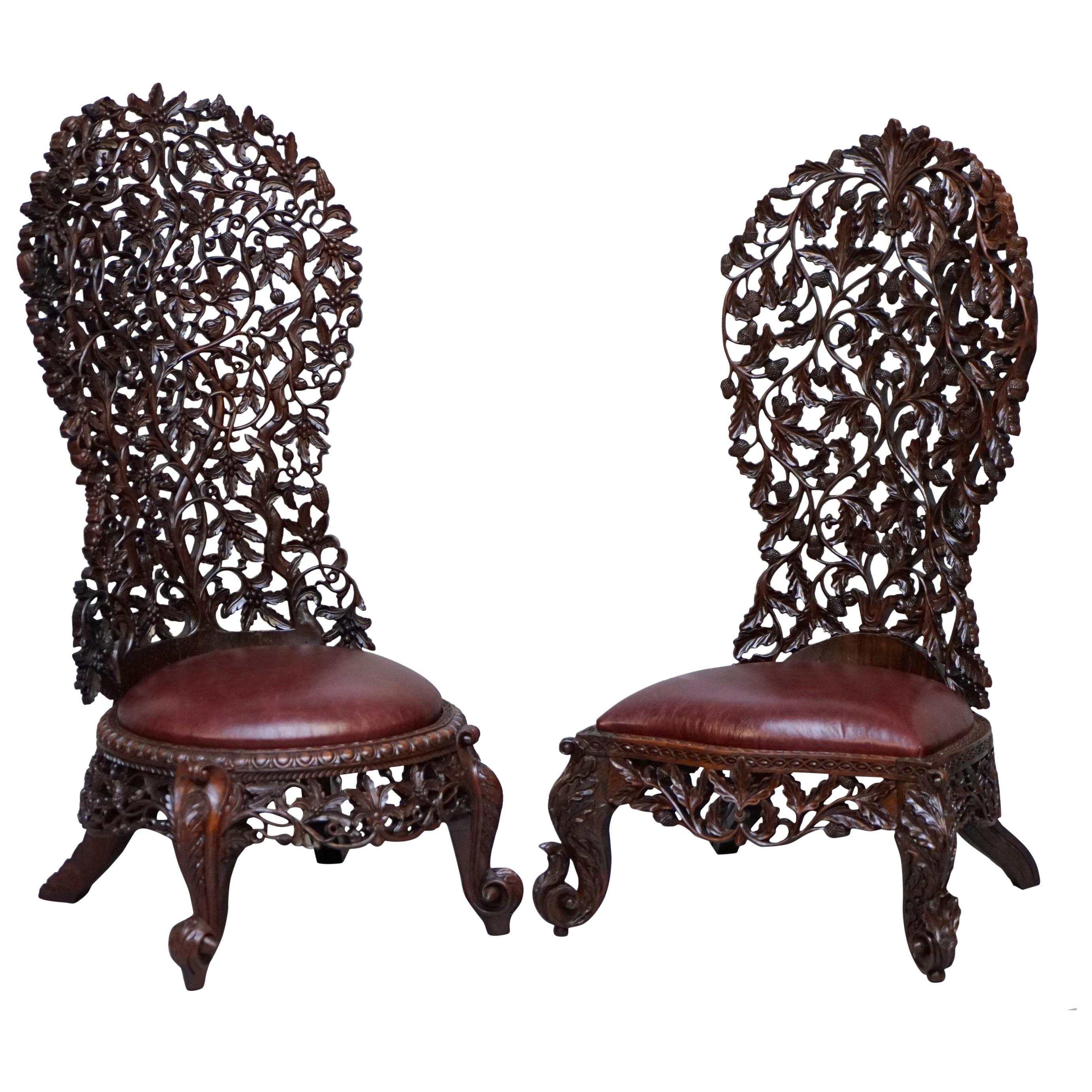 Victorian Rare Wood Hand Carved Anglo Indian Burmese Chairs Oxblood Leather Pair