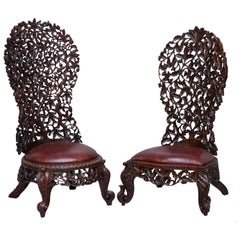 Antique Victorian Rare Wood Hand Carved Anglo Indian Burmese Chairs Oxblood Leather Pair