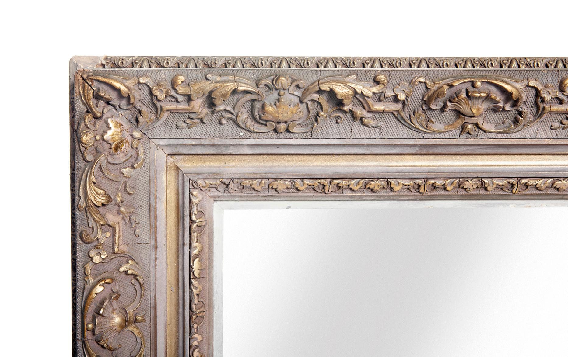 Victorian framed mirror, hand painted frame accent with gold, the beautiful neutral shade is a go anywhere accent piece. New mirror, new backing in marbleized paper. Minor chips have been expertly repaired.
Measures: 2.5