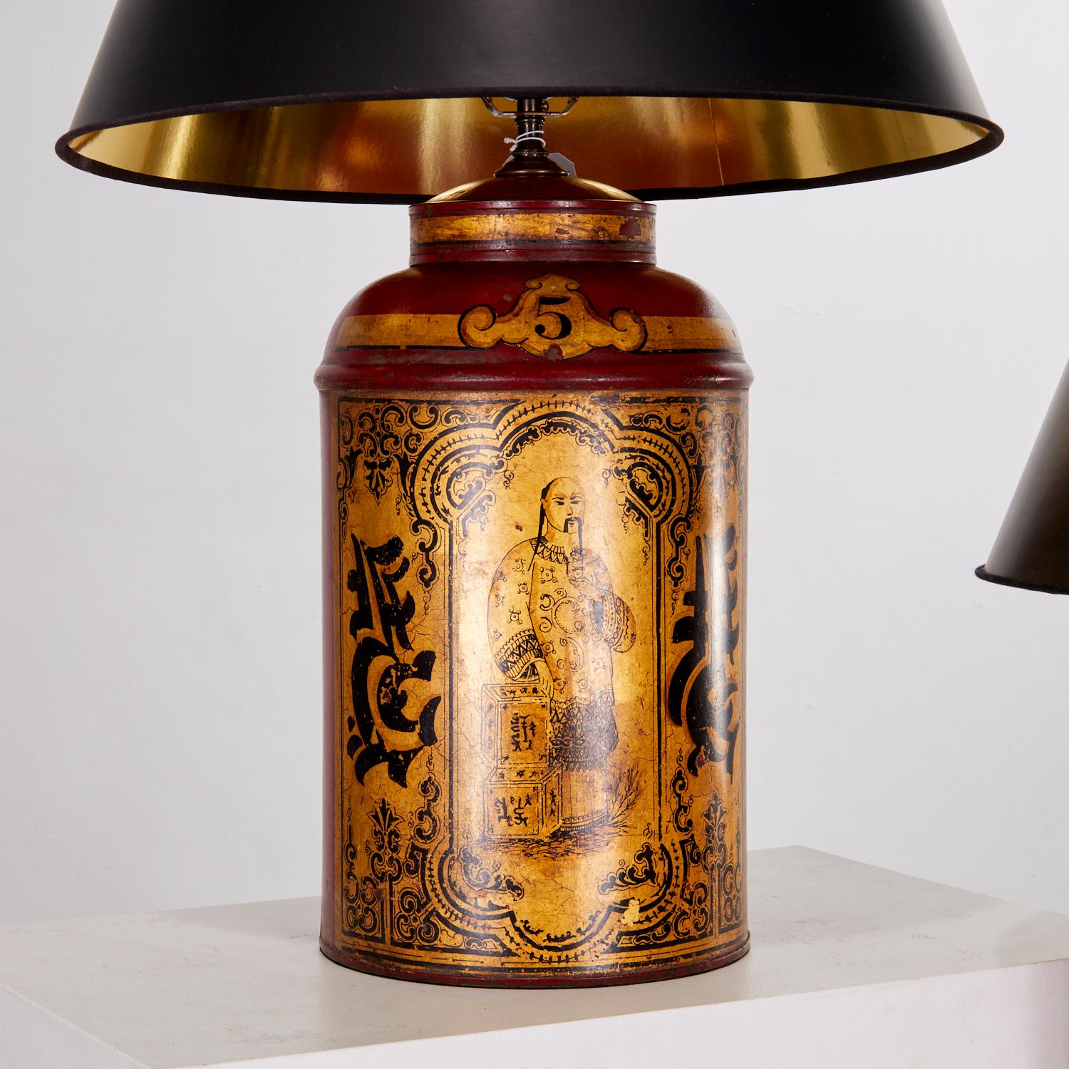 Chinese Export Victorian Red and Gold Tole Tea Canister Lamps with Black Card Shades - A Pair