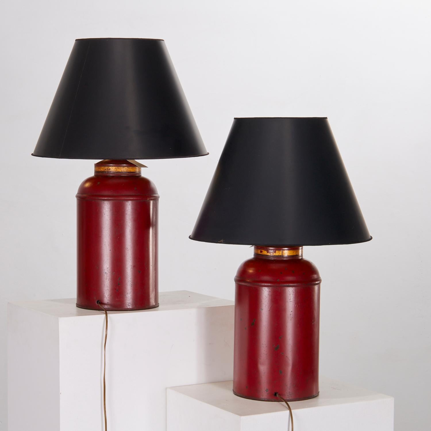 Victorian Red and Gold Tole Tea Canister Lamps with Black Card Shades - A Pair In Good Condition In Morristown, NJ