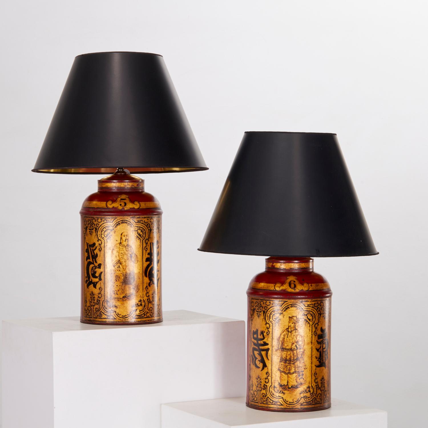 19th Century Victorian Red and Gold Tole Tea Canister Lamps with Black Card Shades - A Pair