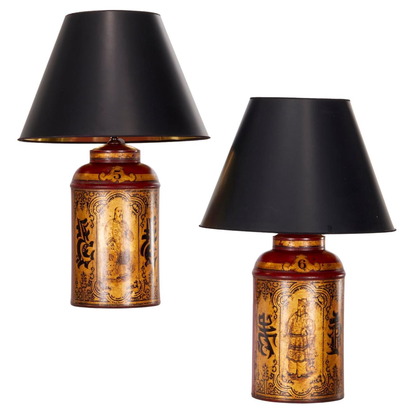 Victorian Red and Gold Tole Tea Canister Lamps with Black Card Shades - A Pair
