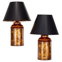 Victorian Red and Gold Tole Tea Canister Lamps with Black Card Shades - A Pair