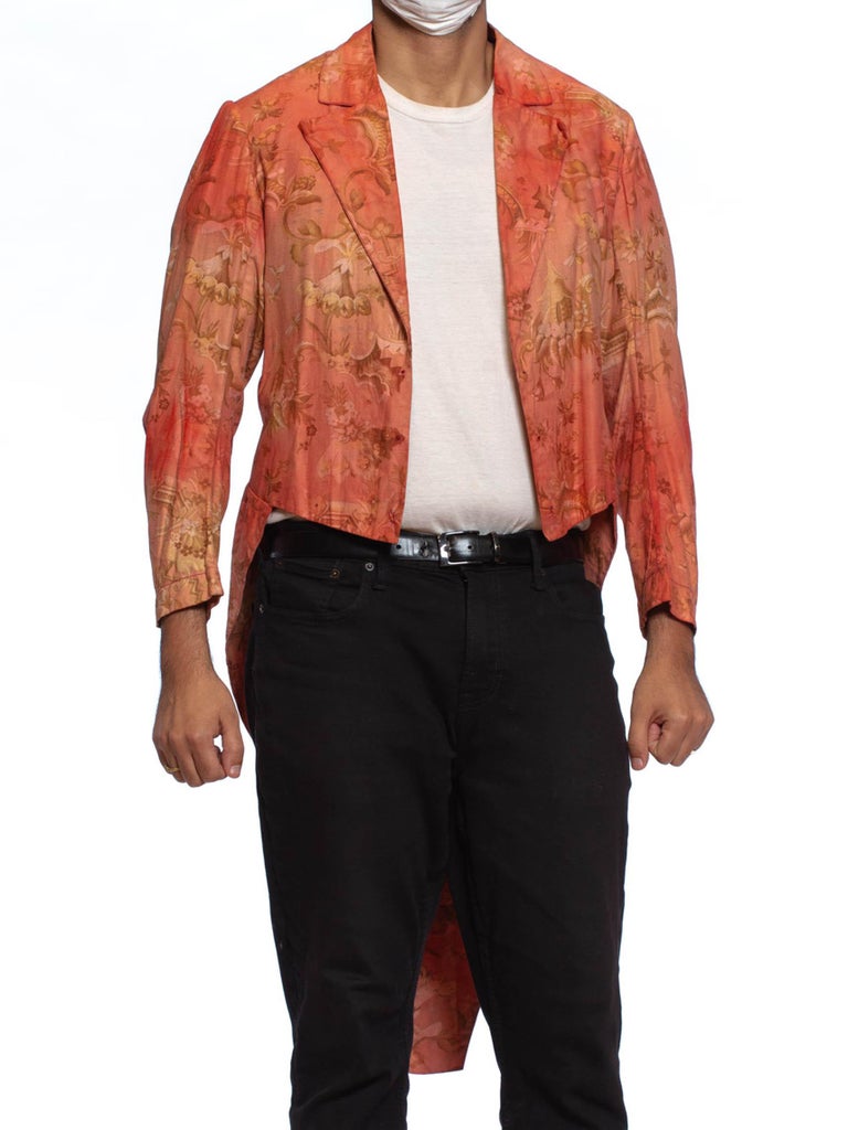 Orange Victorian Red Cotton Tie Dye Rococo Print Men's Tail Coat Jacket For Sale