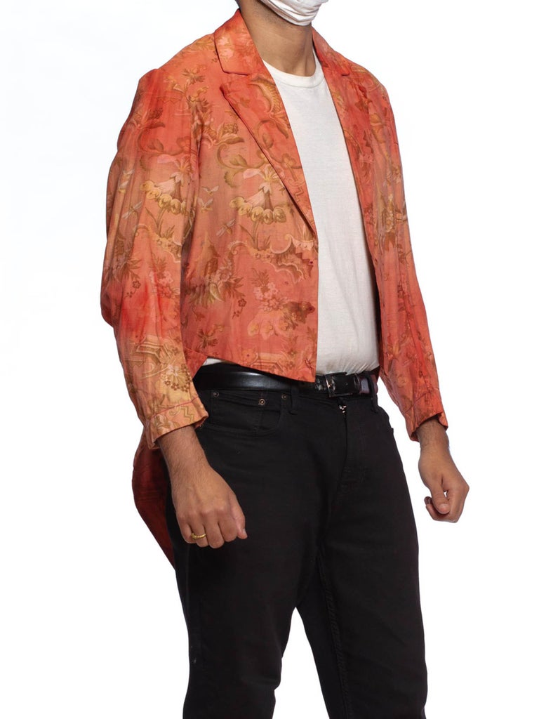 Victorian Red Cotton Tie Dye Rococo Print Men's Tail Coat Jacket For Sale 1
