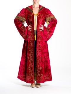 Victorian Red Embroidered Silk & Cotton Velvet Antique Secret Society Duster Wi