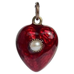 Viktorianische Halskette mit Anhänger aus roter Emaille und Perle aus 9 Karat Gold
