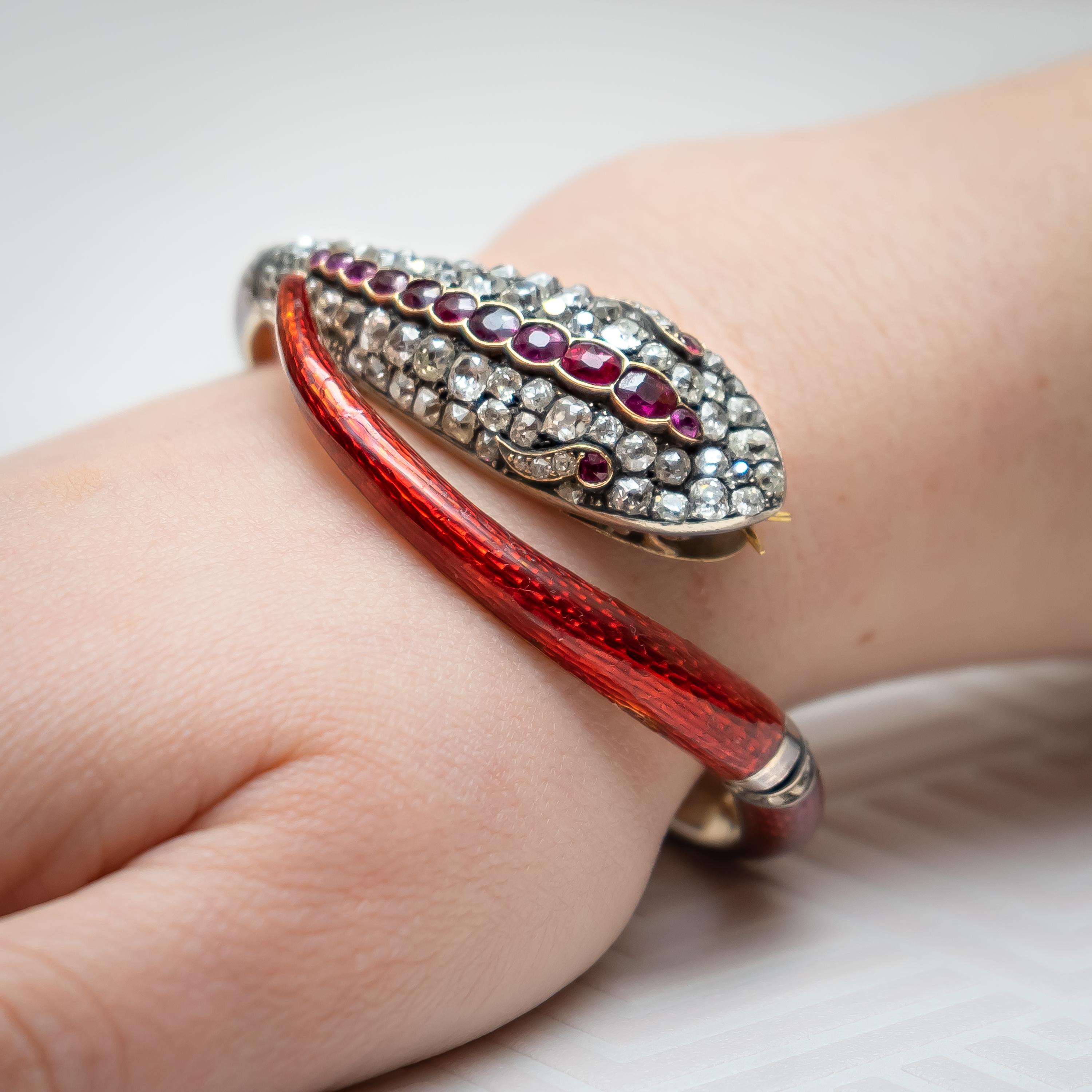 Old Mine Cut Victorian Red Enamel Diamond and Ruby Snake Bangle, circa 1860 For Sale