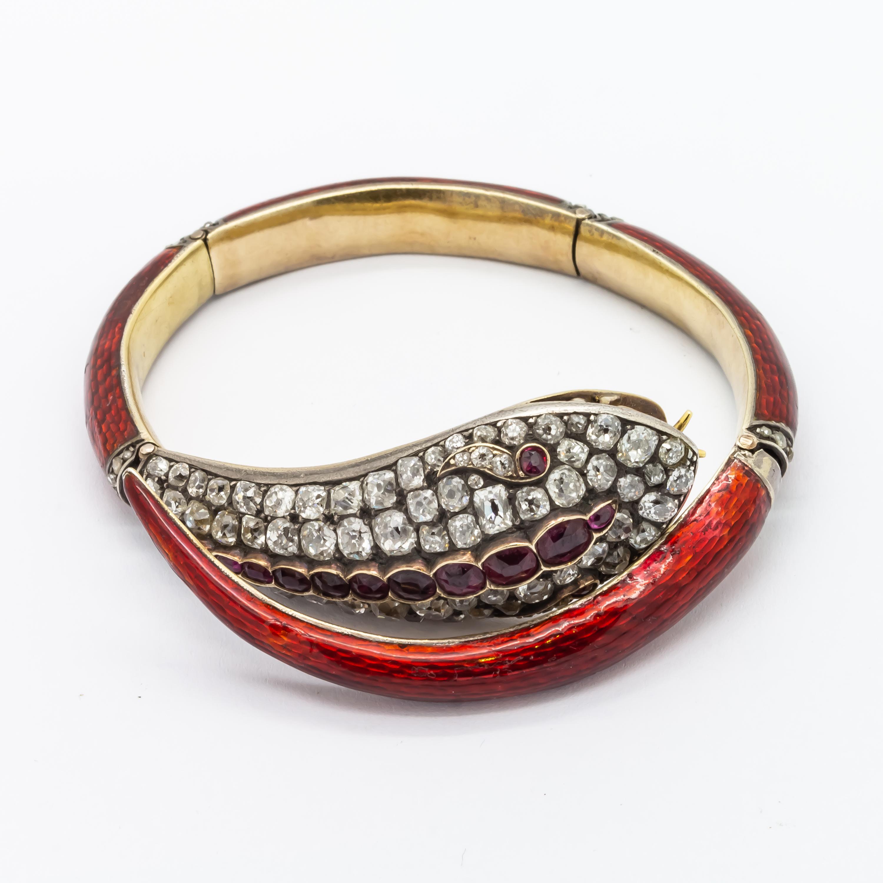 Women's Victorian Red Enamel Diamond and Ruby Snake Bangle, circa 1860 For Sale