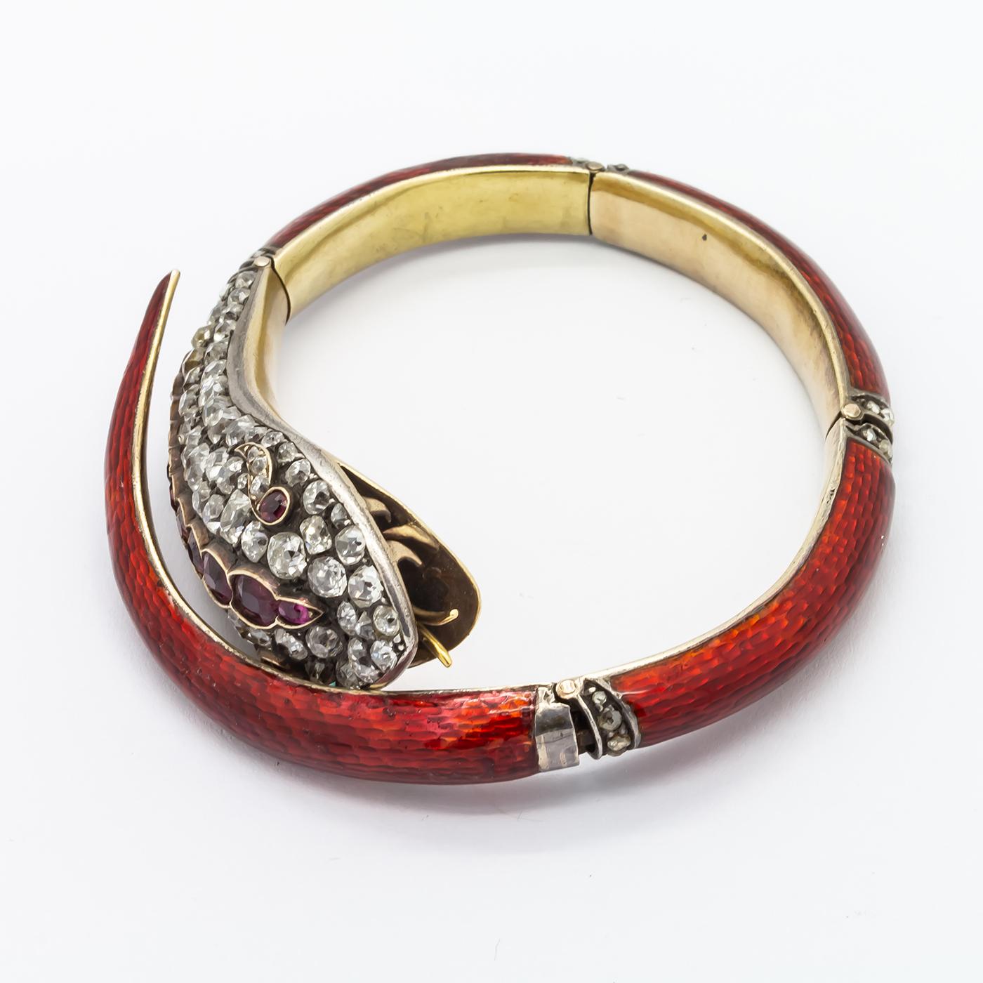 Victorian Red Enamel Diamond and Ruby Snake Bangle, circa 1860 For Sale 1