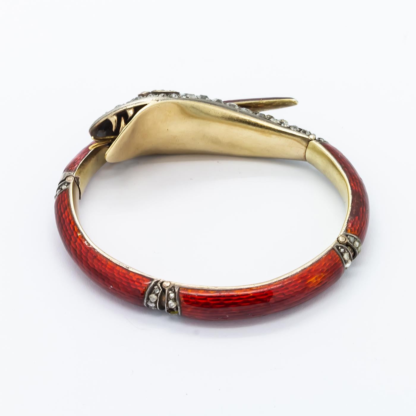 Victorian Red Enamel Diamond and Ruby Snake Bangle, circa 1860 For Sale 2