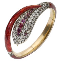 Antique Victorian Red Enamel Diamond and Ruby Snake Bangle, circa 1860