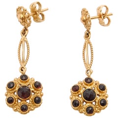 Boucles d'oreilles pendantes en or jaune 14K grenat antique