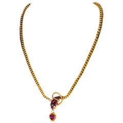 Victorian Red Garnet and Diamond Set, Gold Snake and Heart Pendant Form Necklace