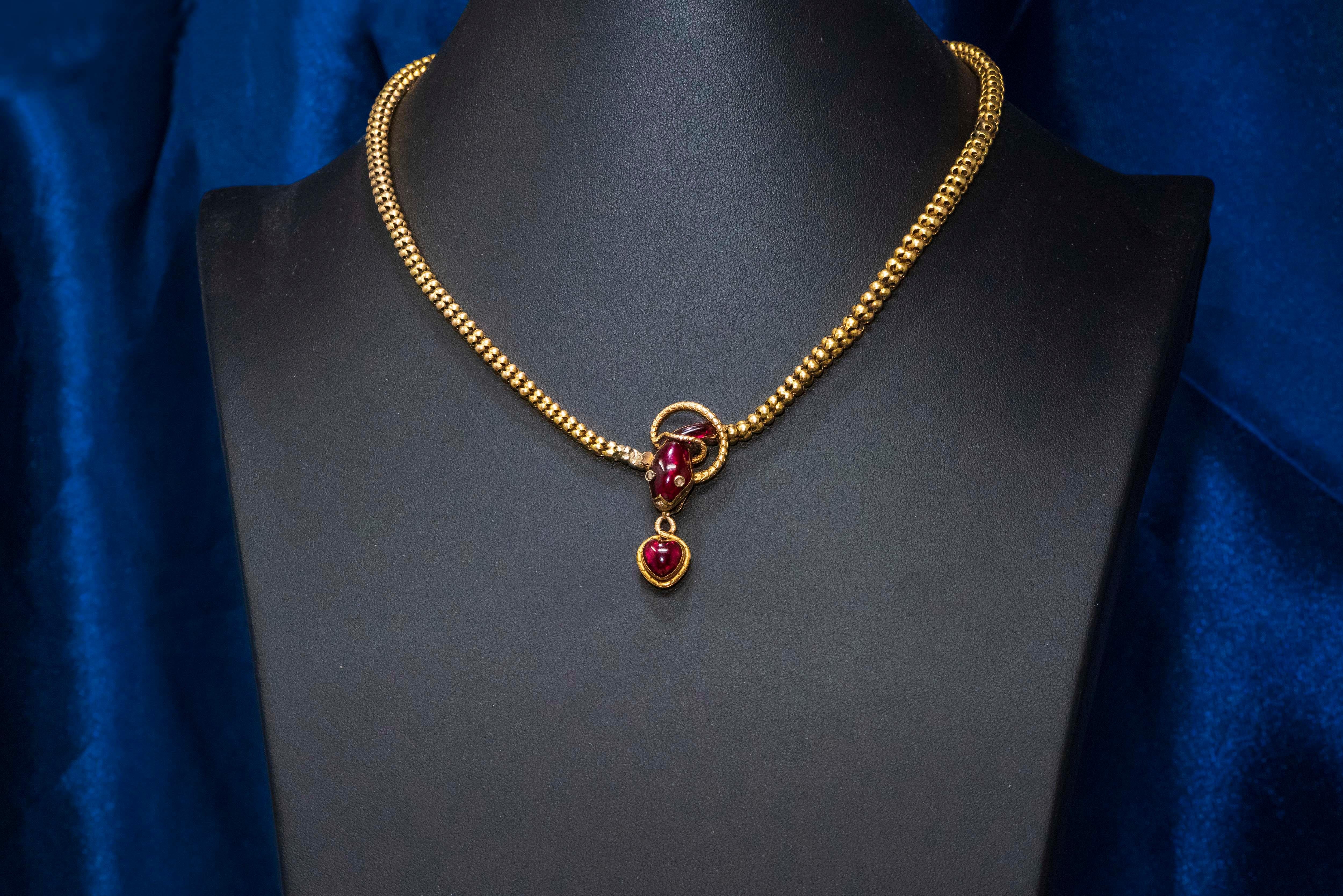 Victorian Red Garnet and Diamond Set, Gold Snake and Heart Pendant Form Necklace 10