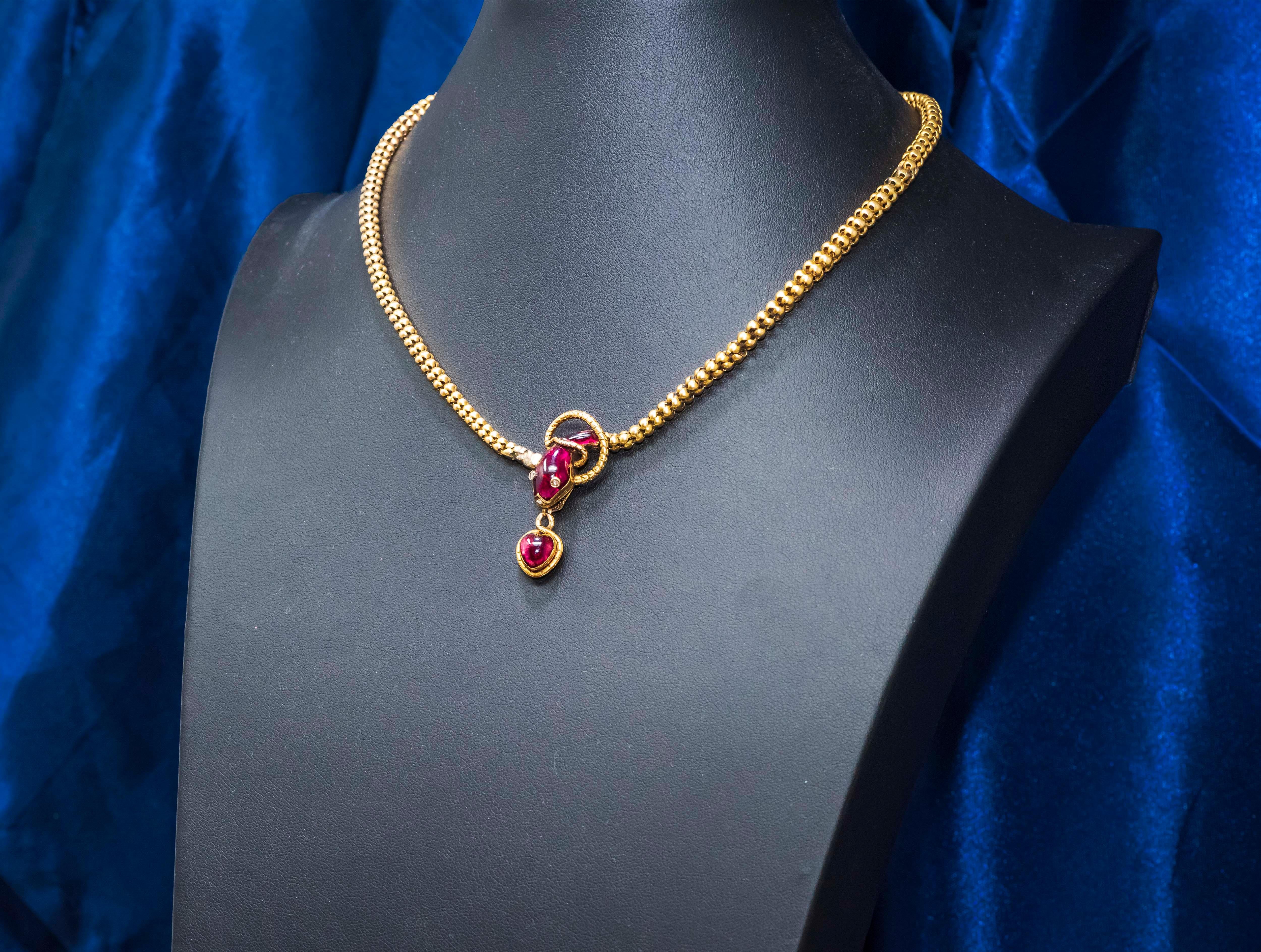 Victorian Red Garnet and Diamond Set, Gold Snake and Heart Pendant Form Necklace 6