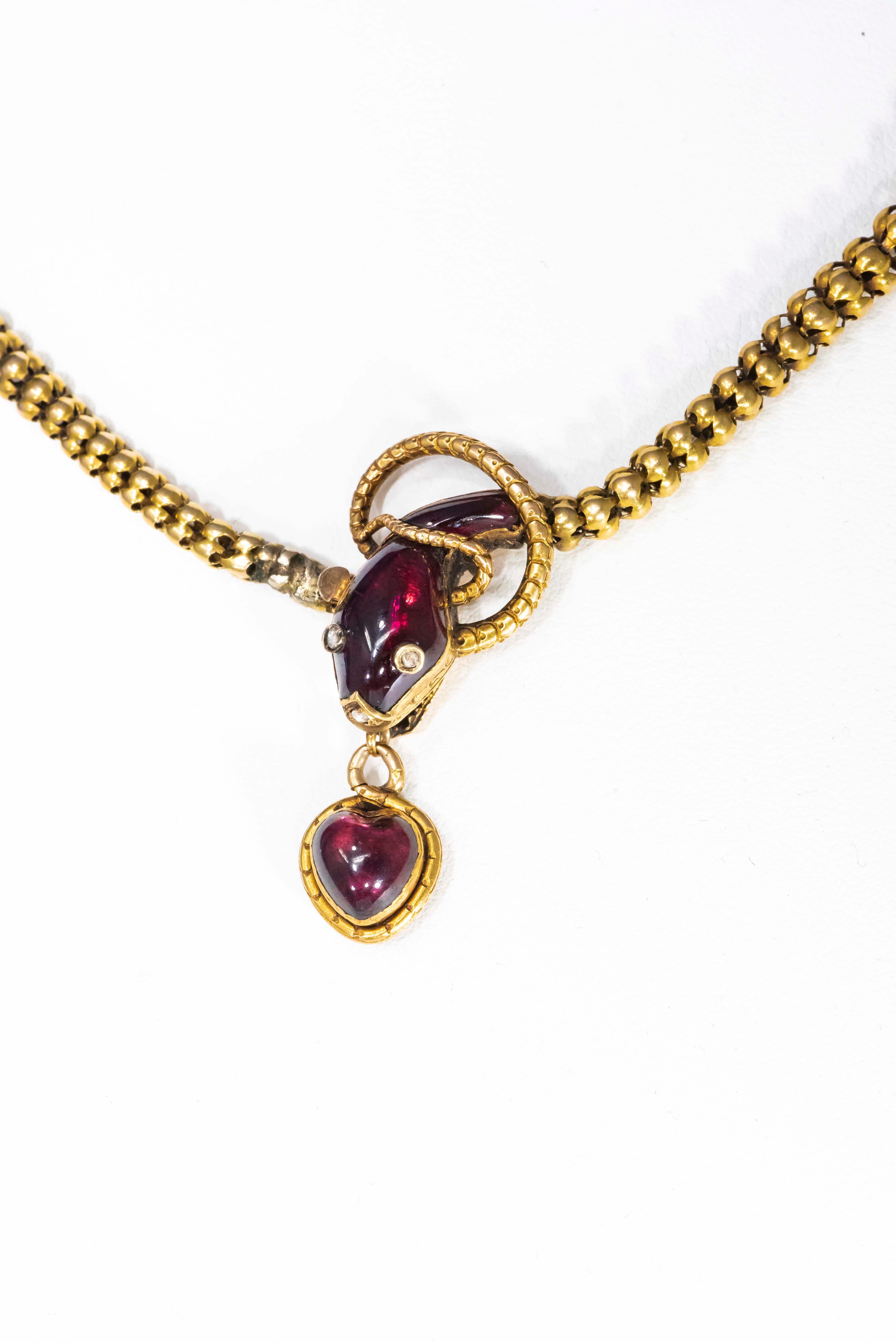 Victorian Red Garnet and Diamond Set, Gold Snake and Heart Pendant Form Necklace 2