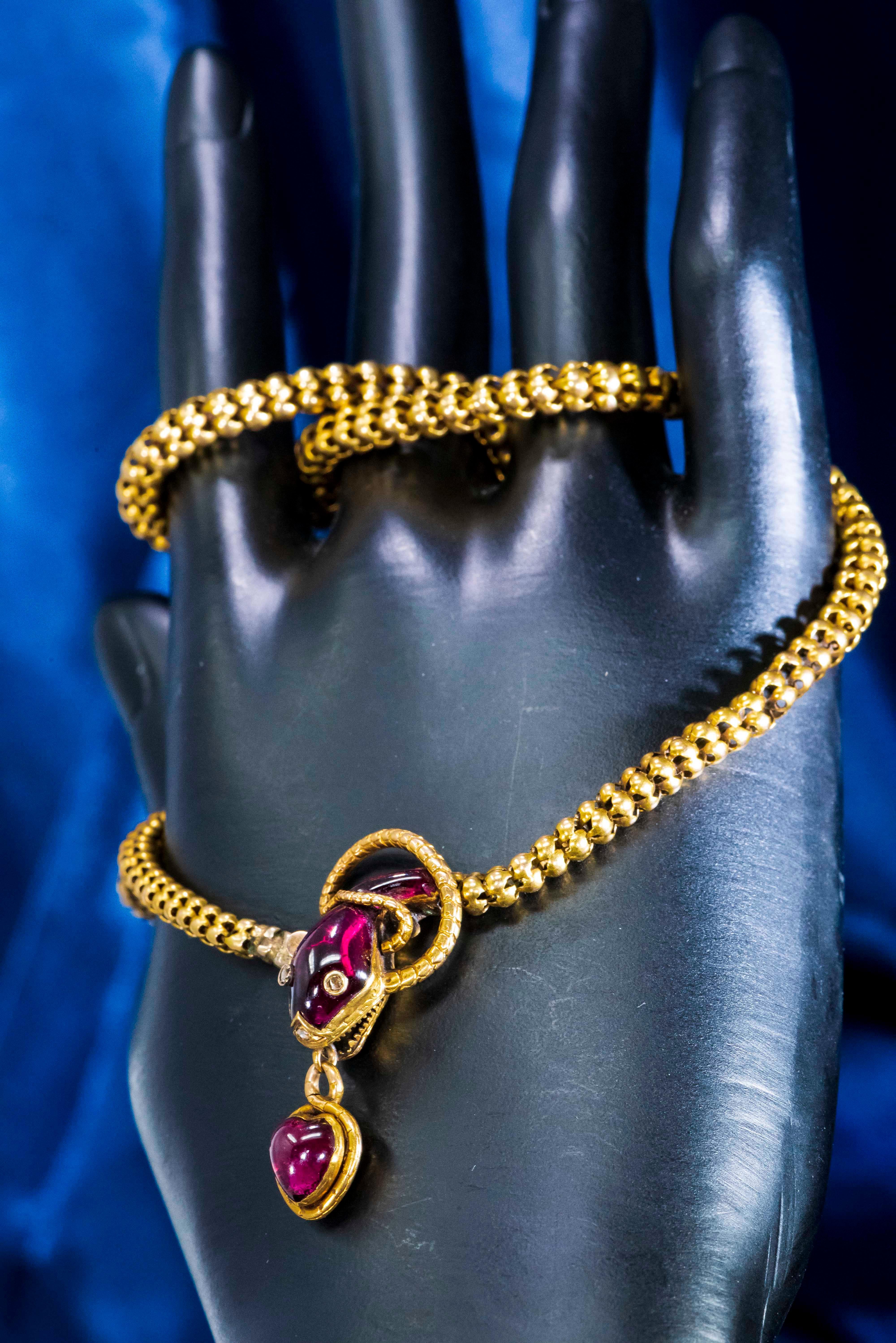 Victorian Red Garnet and Diamond Set, Gold Snake and Heart Pendant Form Necklace 9