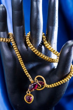 Victorian Red Garnet and Diamond Set, Gold Snake and Heart Pendant Form Necklace