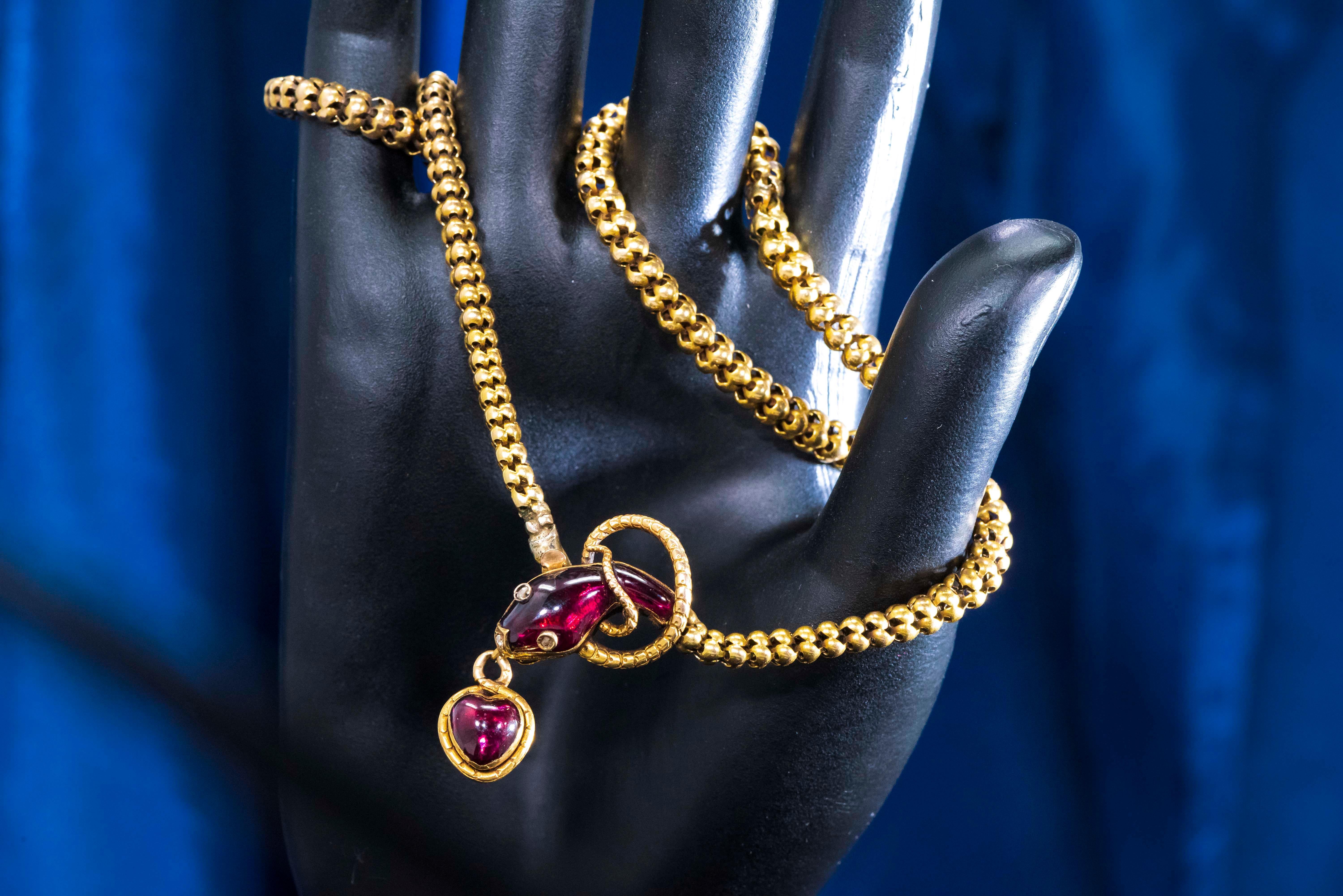 Victorian Red Garnet and Diamond Set, Gold Snake and Heart Pendant Form Necklace 5