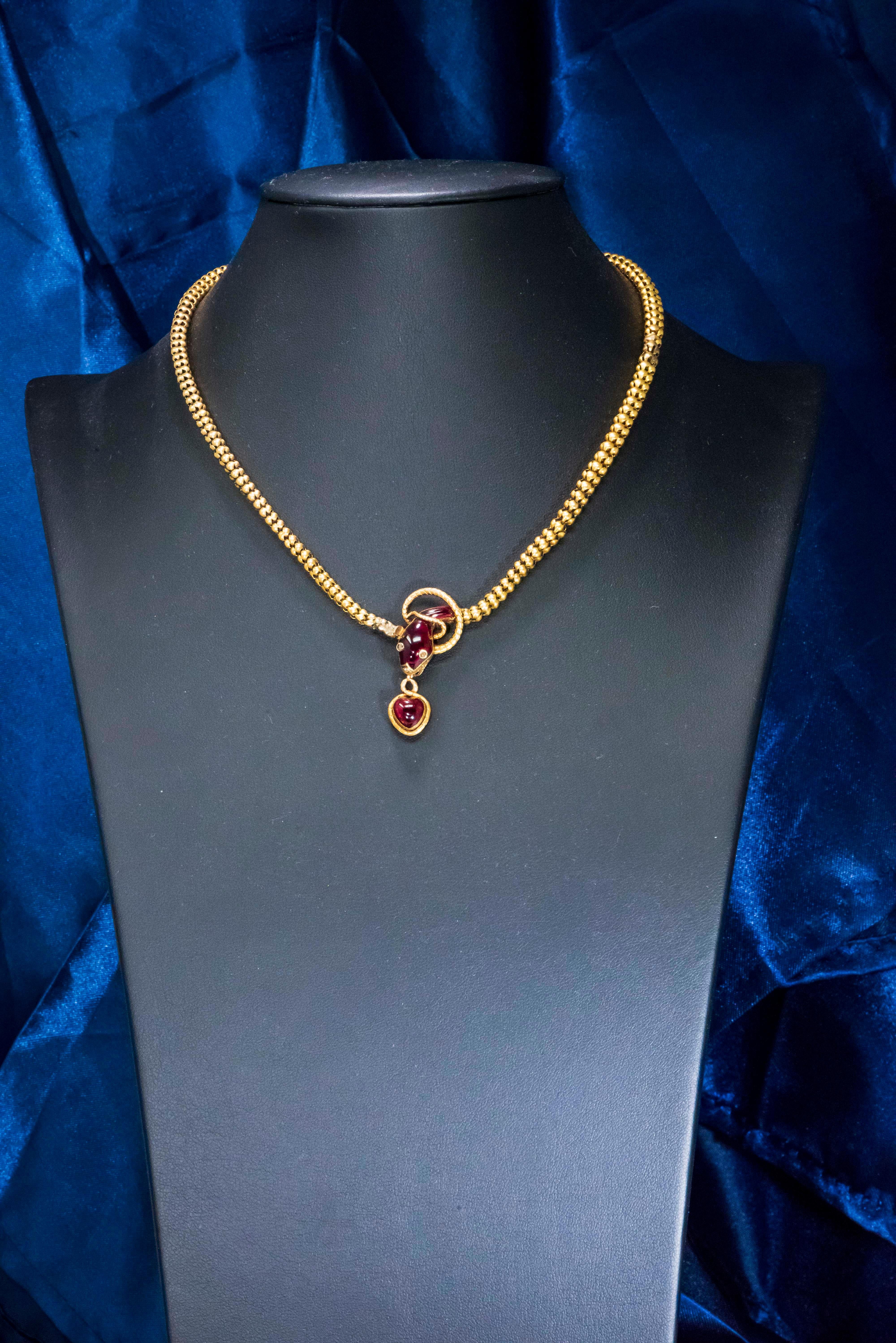 Victorian Red Garnet and Diamond Set, Gold Snake and Heart Pendant Form Necklace 4