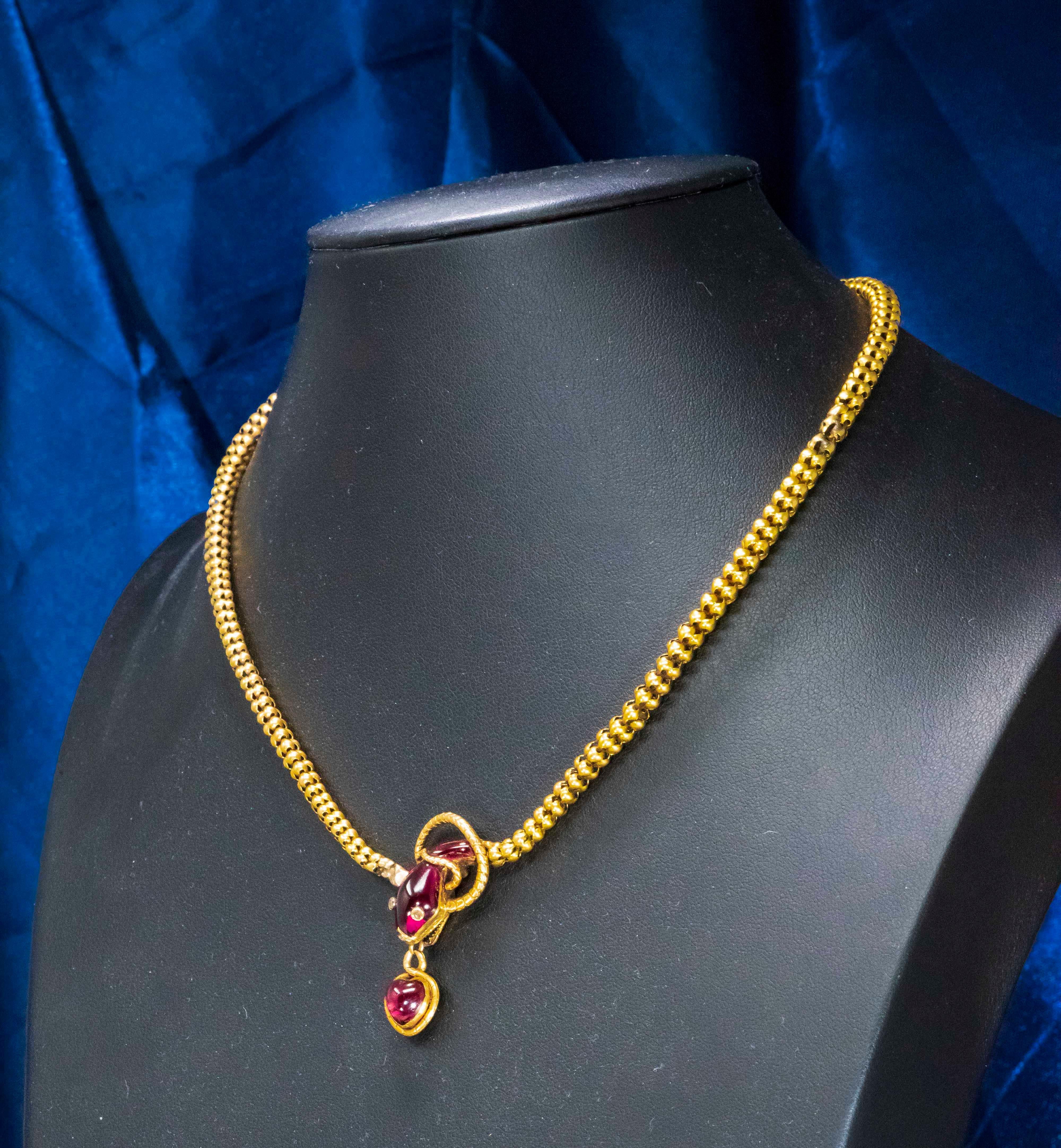 Victorian Red Garnet and Diamond Set, Gold Snake and Heart Pendant Form Necklace 3