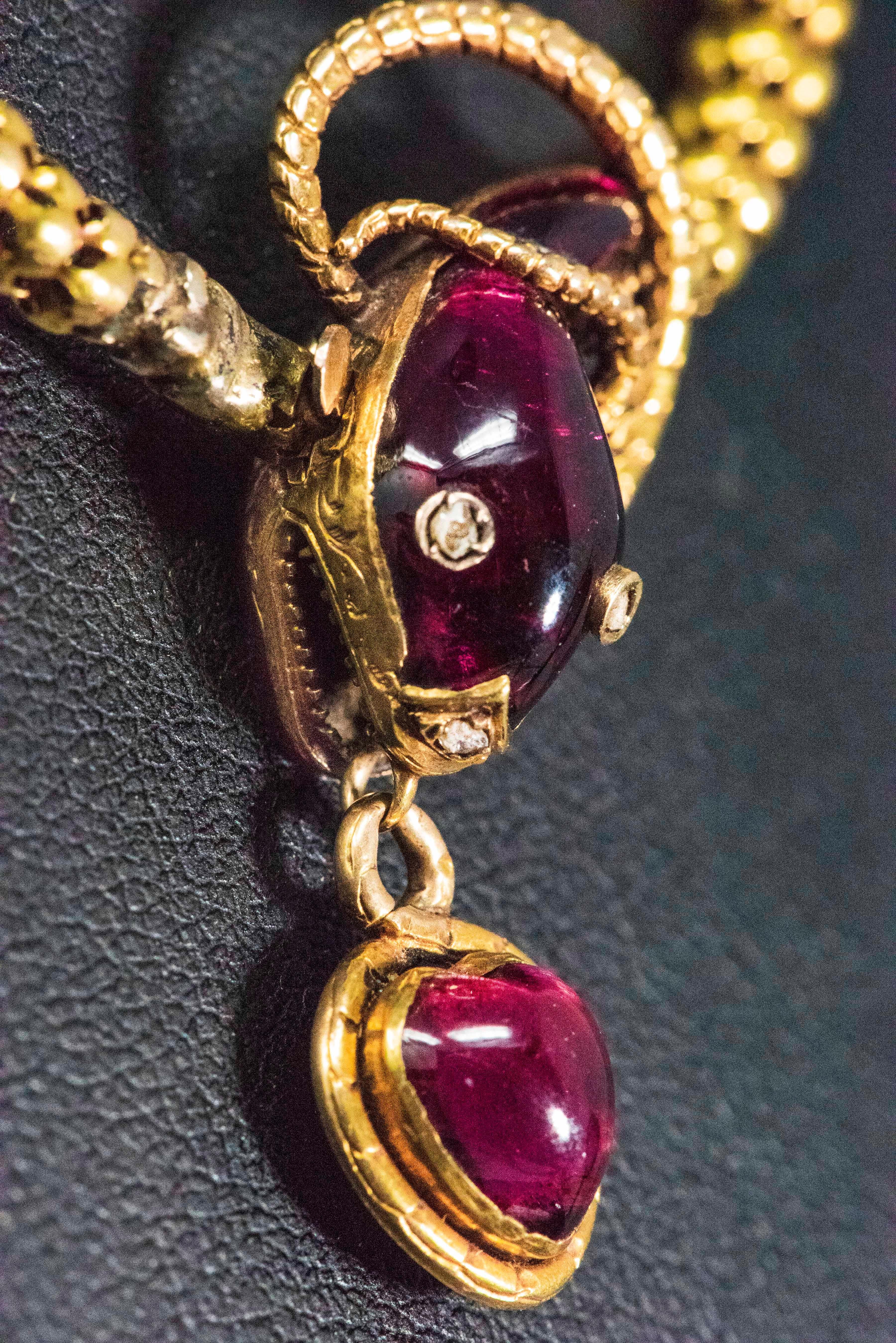 Victorian Red Garnet and Diamond Set, Gold Snake and Heart Pendant Form Necklace In Good Condition In New york, NY