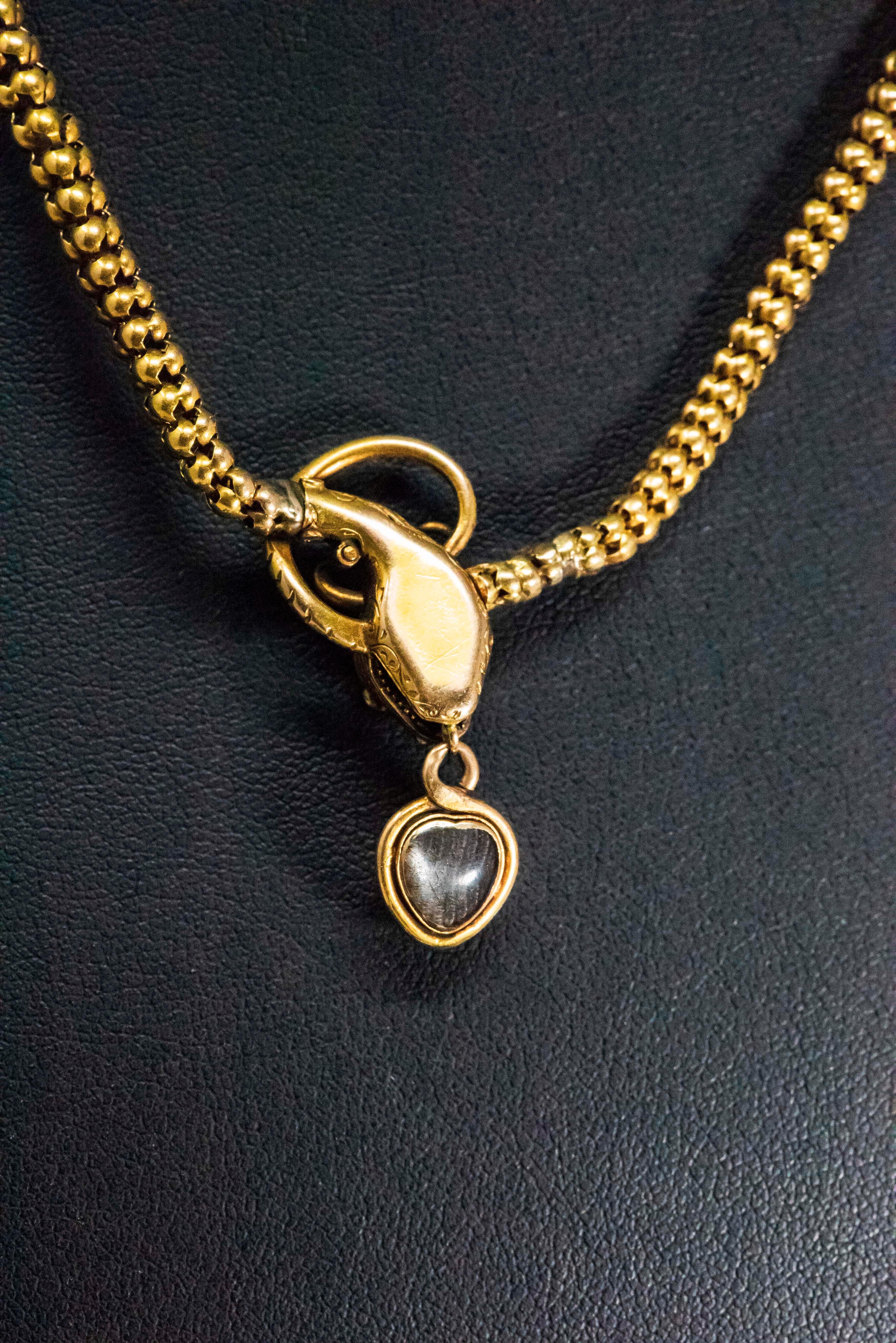 Victorian Red Garnet and Diamond Set, Gold Snake and Heart Pendant Form Necklace 11