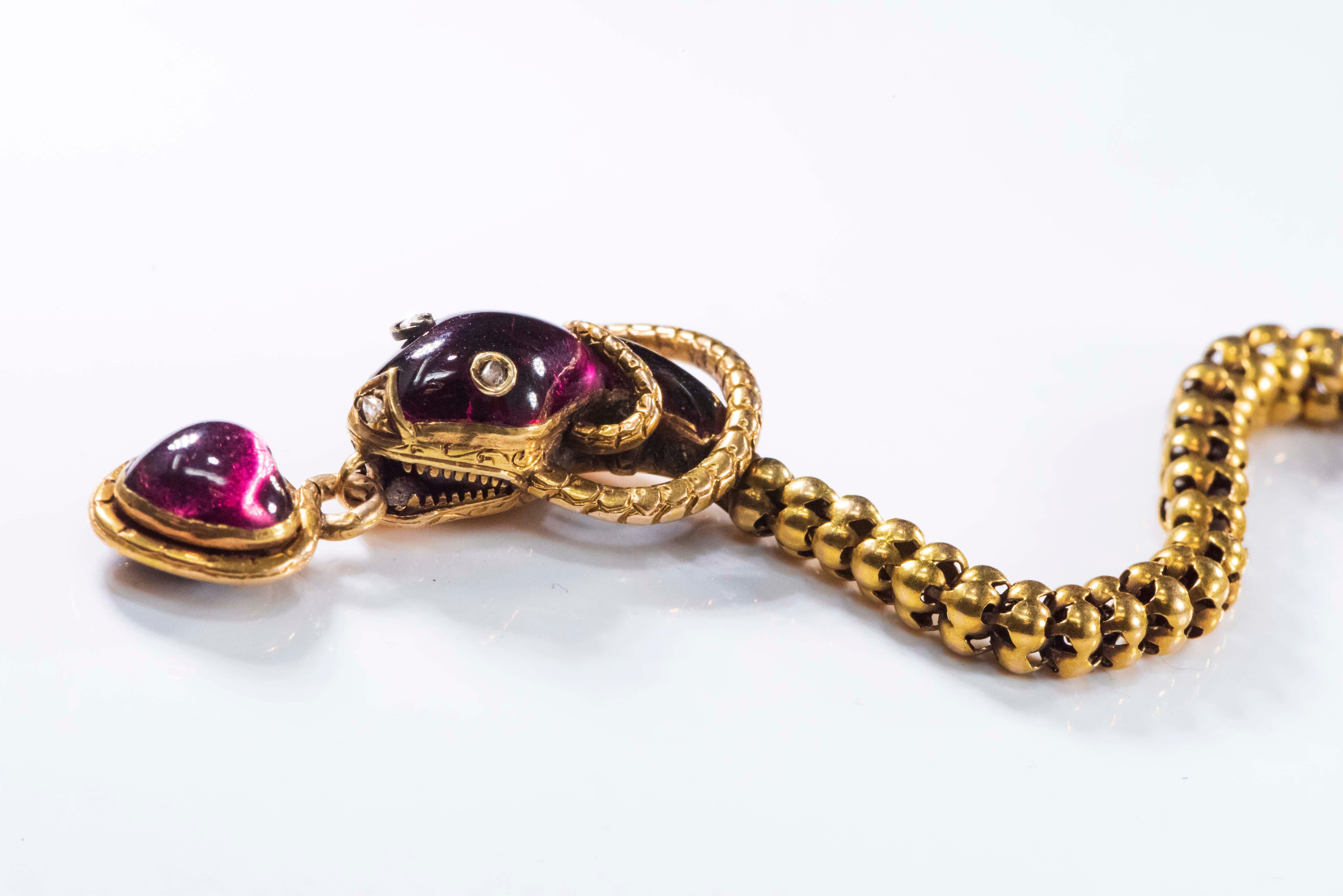 Victorian Red Garnet and Diamond Set, Gold Snake and Heart Pendant Form Necklace 8