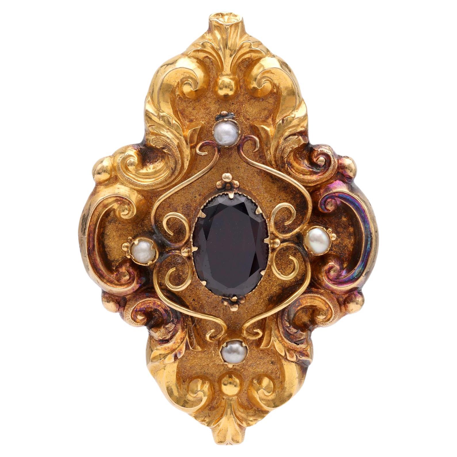 Victorian Red Garnet Pearl Gold Mourning Jewelry Brooch For Sale