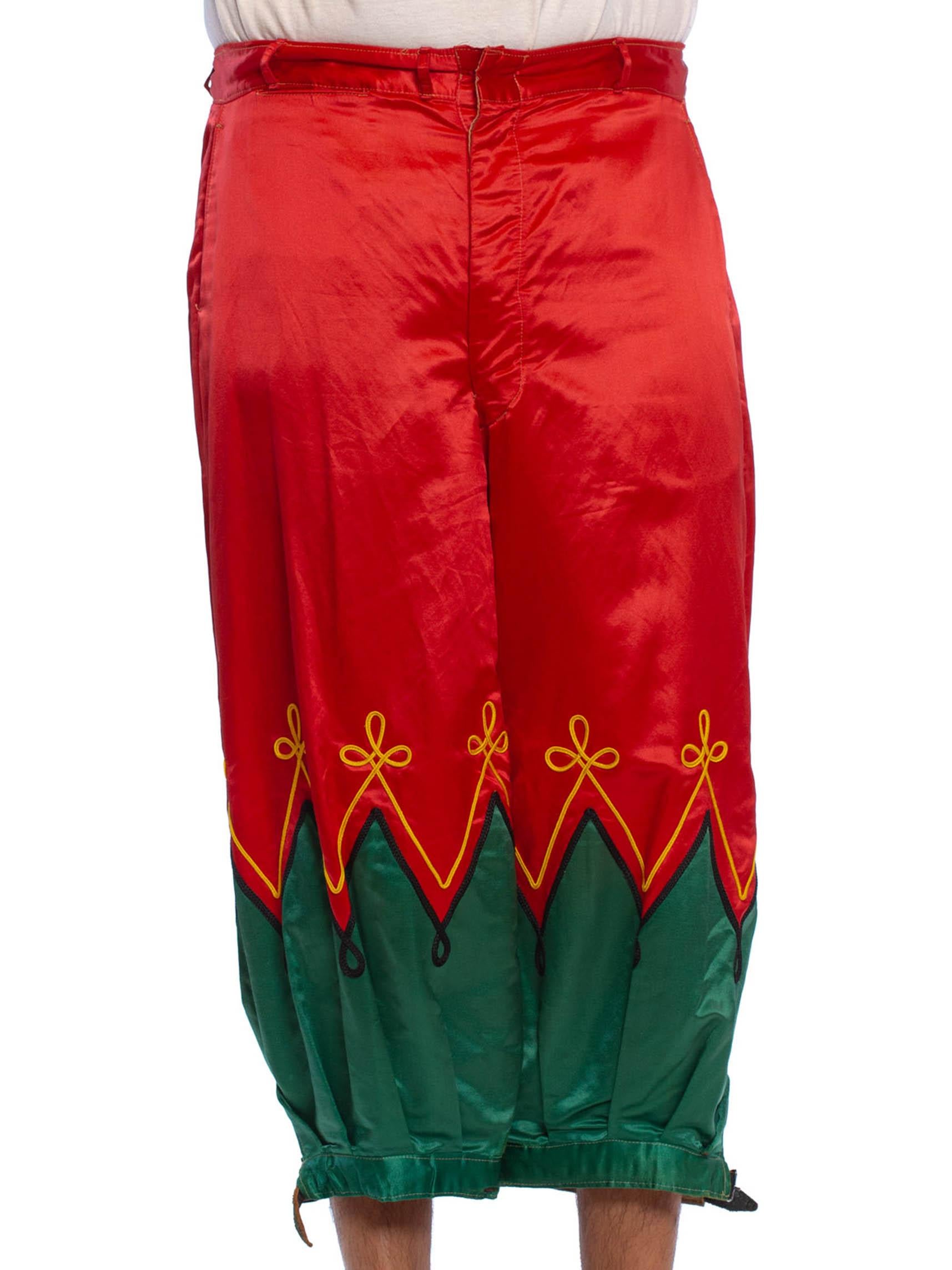 Victorian Red & Green Silk Satin  Rare Near Mint Men's Antique Circus Clown Pants With Gold Trim