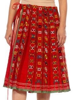 Victorian Red Hand Embroidered Wool Pleated Hungarian Folk Wrap Skirt