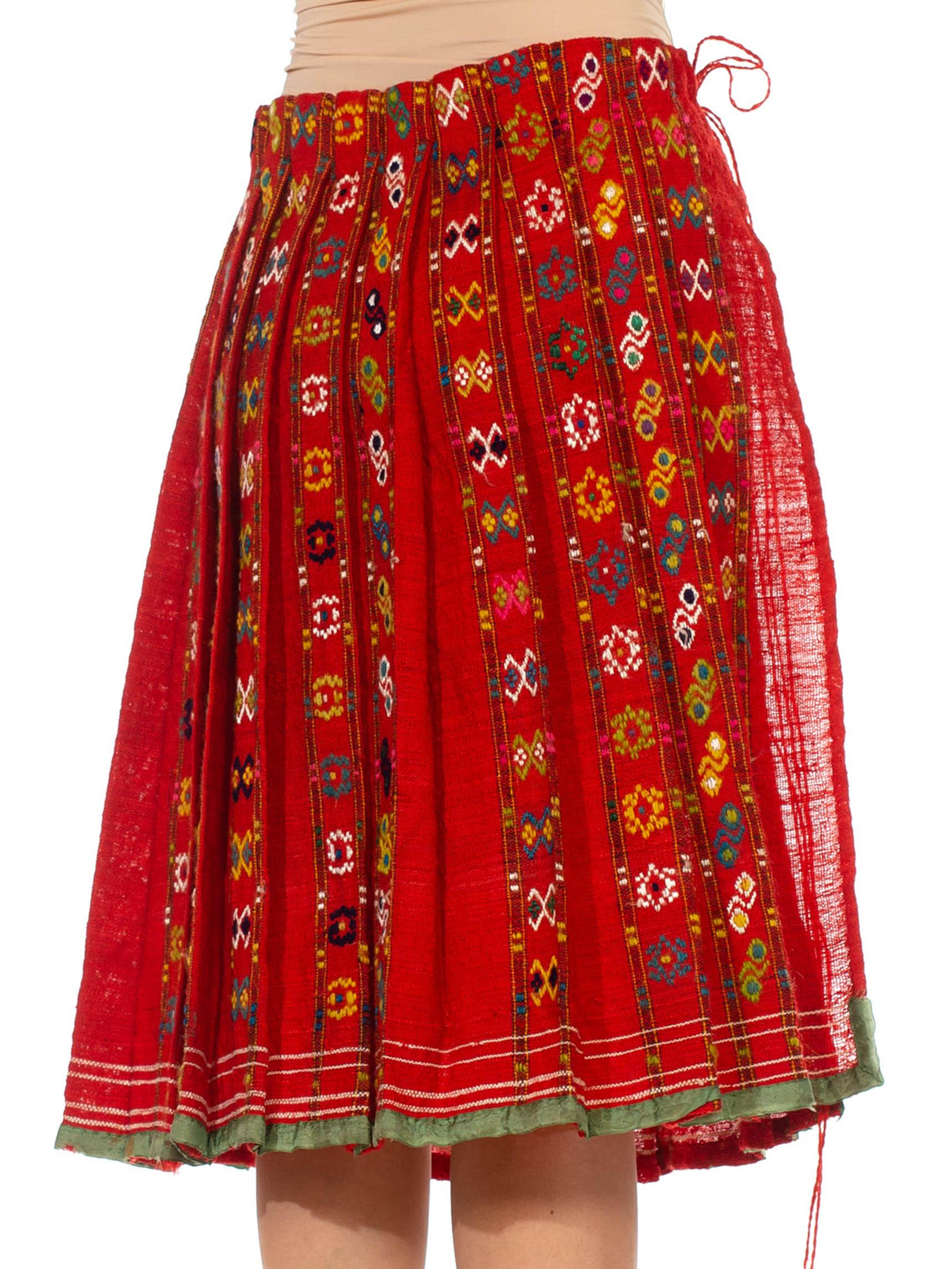 Victorian Red Hand Embroidered Wool Pleated Hungarian Folk Wrap Skirt In Excellent Condition In New York, NY